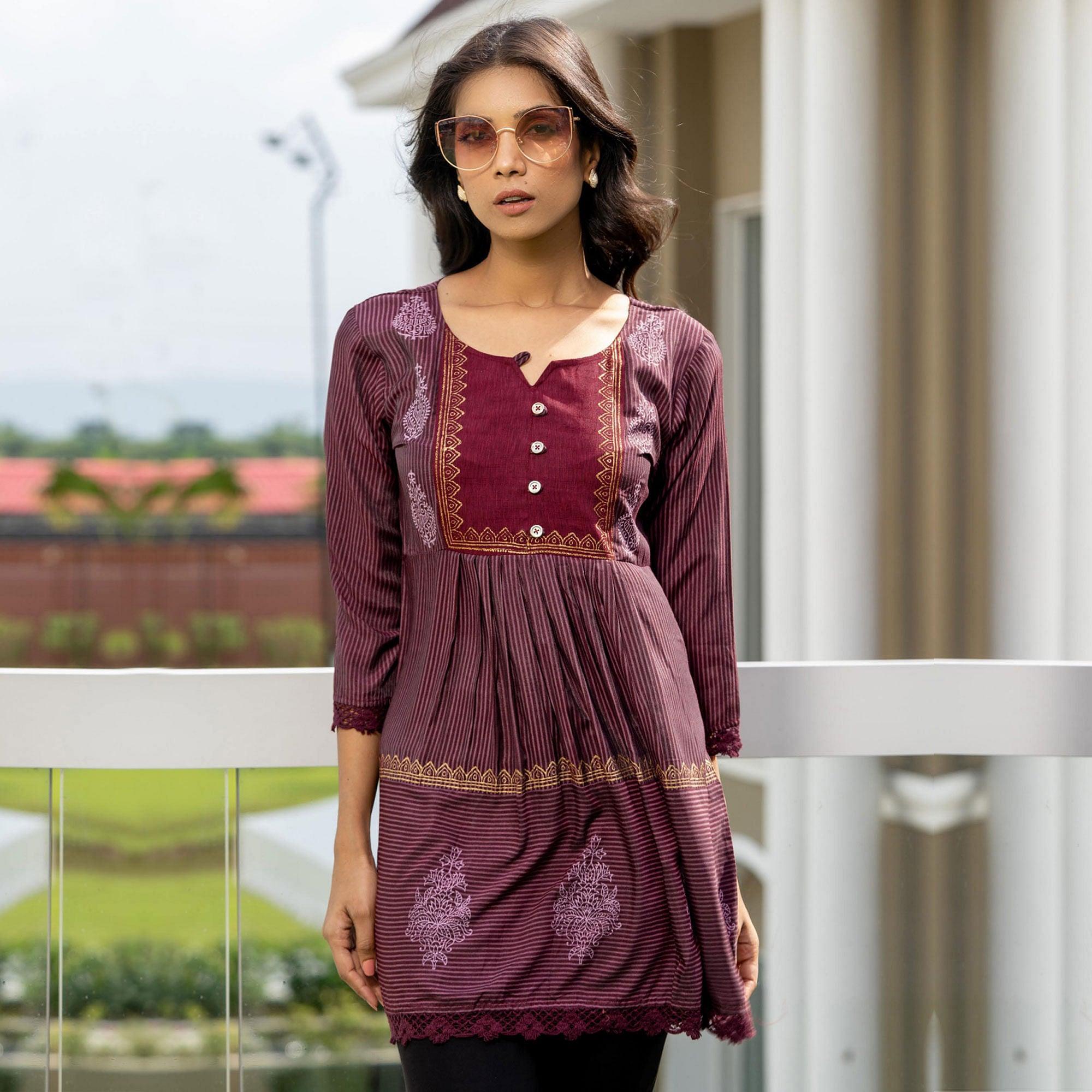 Maroon Casual Wear Printed Cotton Top - Peachmode