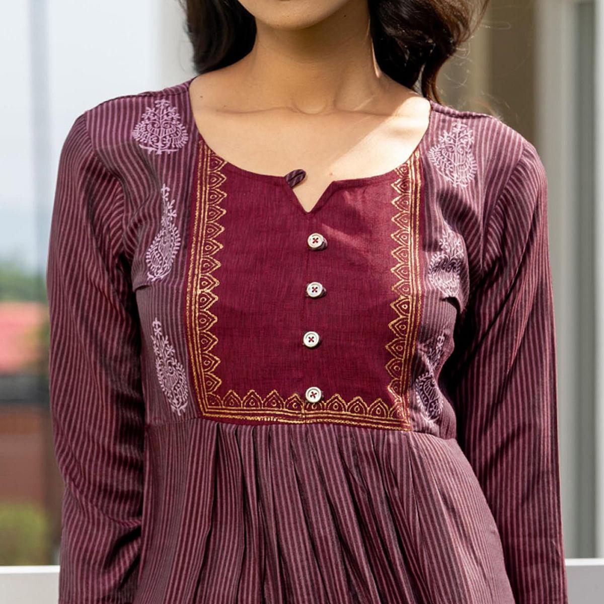 Maroon Casual Wear Printed Cotton Top - Peachmode
