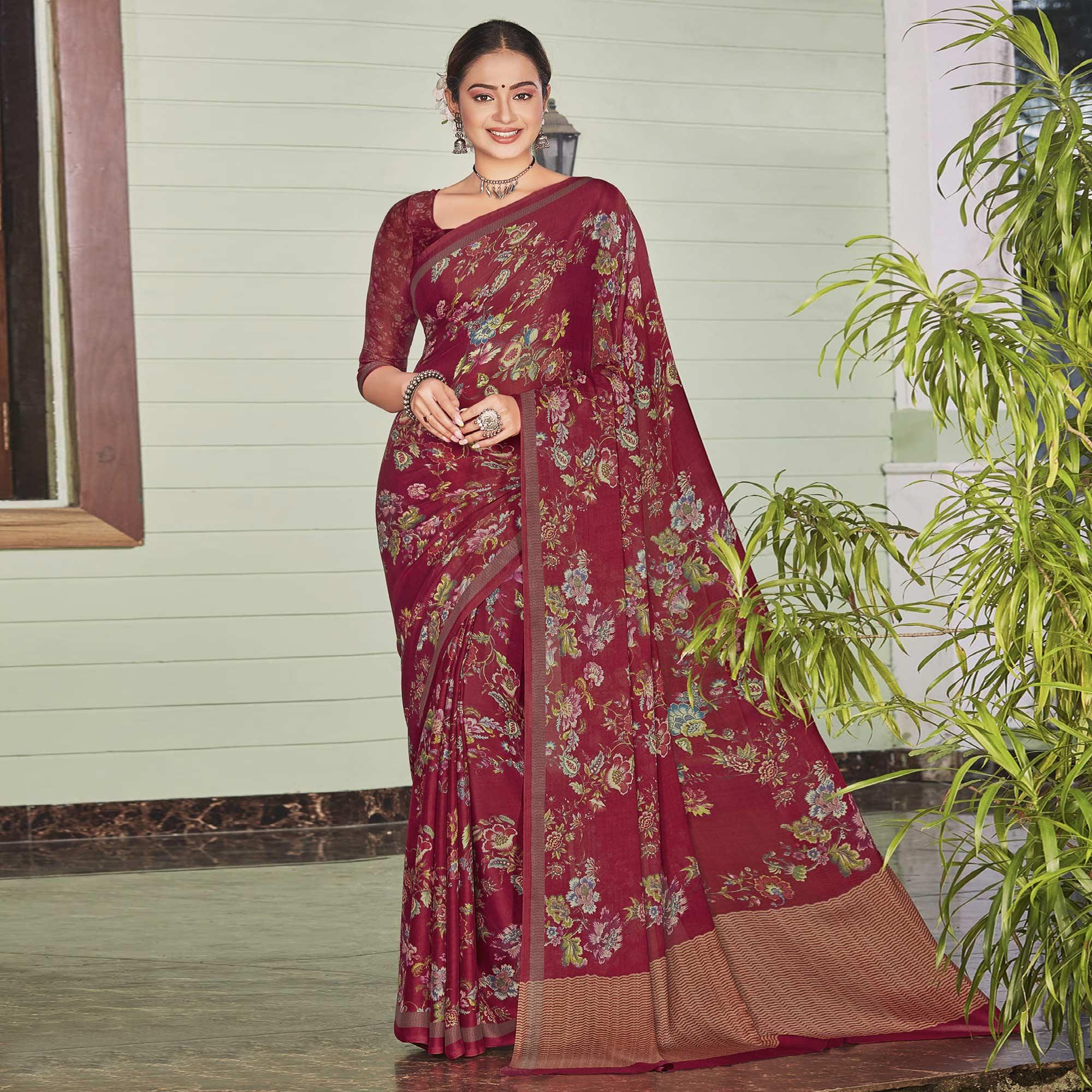 Maroon Casual Wear Printed Crepe Saree - Peachmode