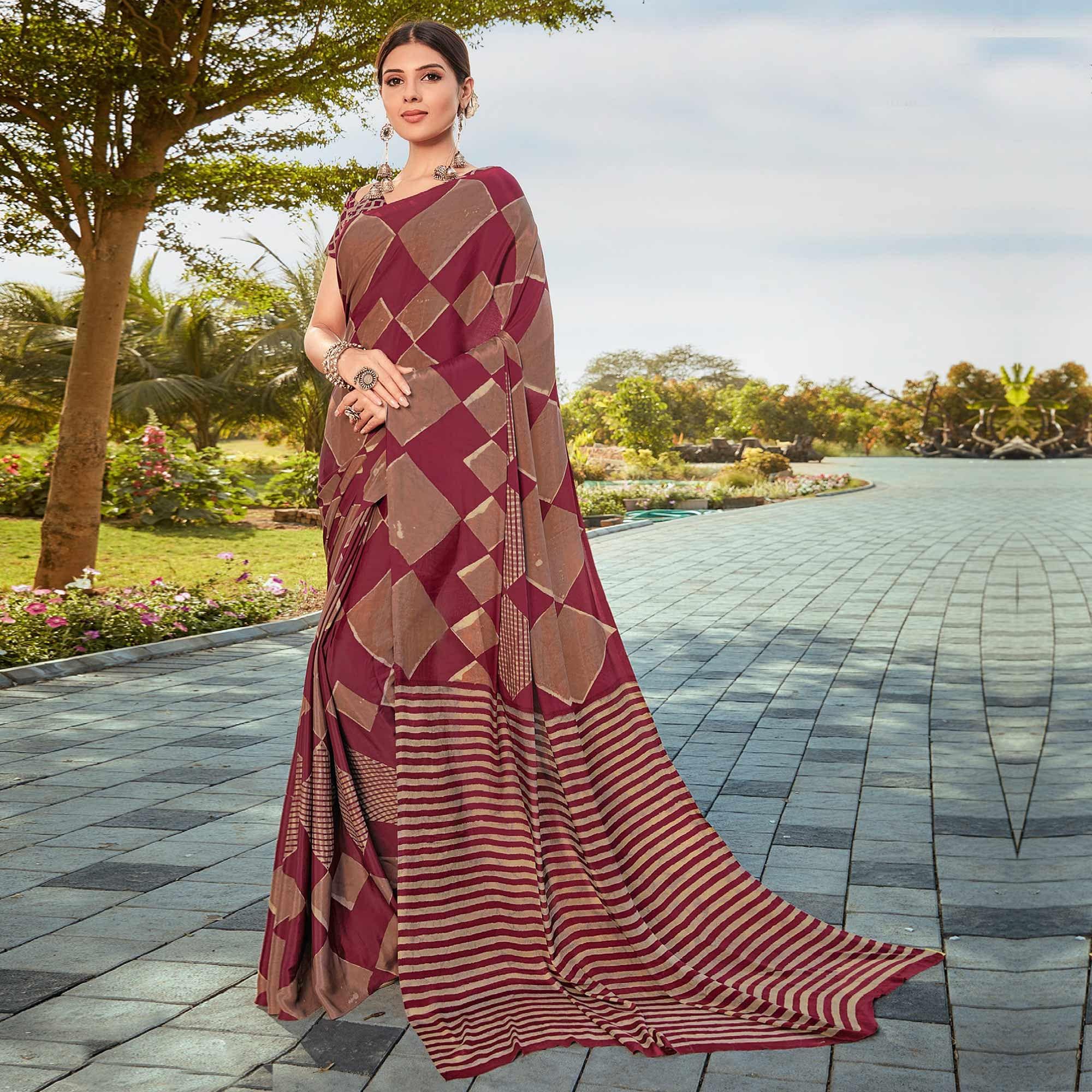 Maroon Casual Wear Printed Crepe Saree - Peachmode