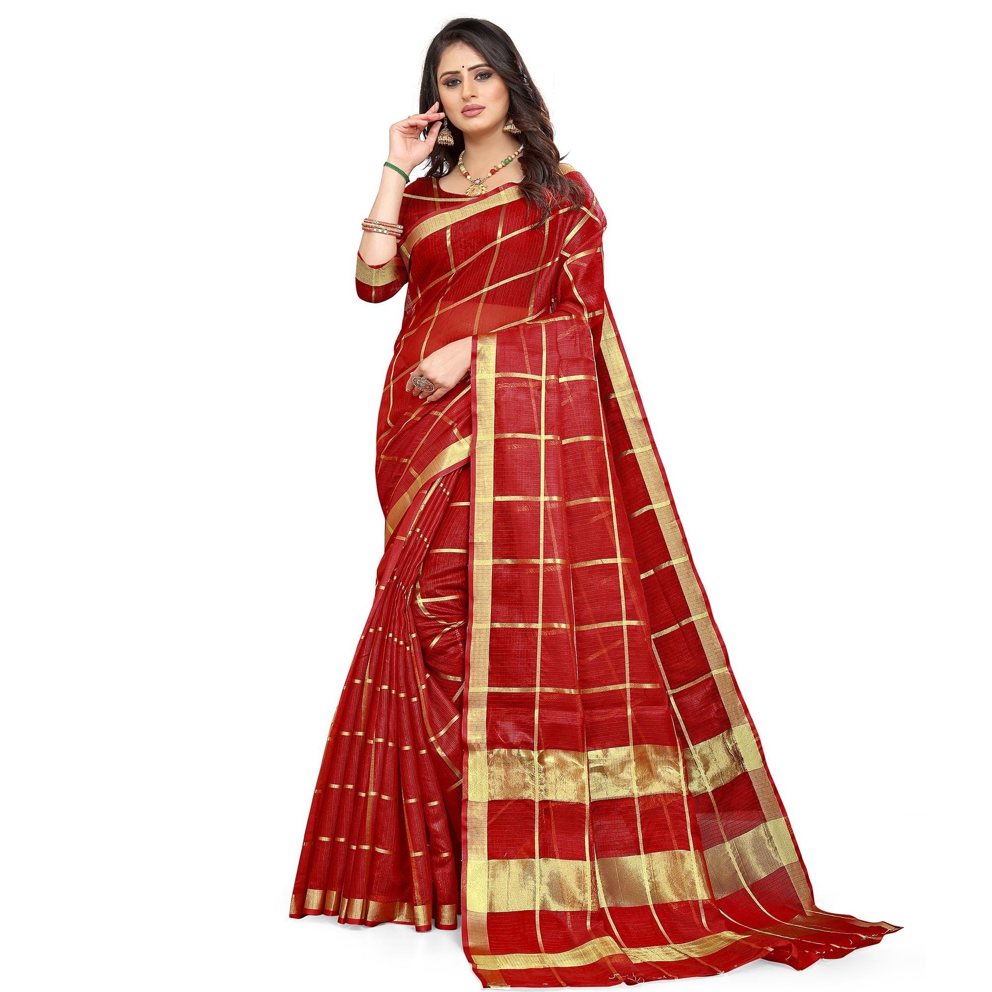 Maroon Casual Wear Printed Doriya Cotton Saree - Peachmode