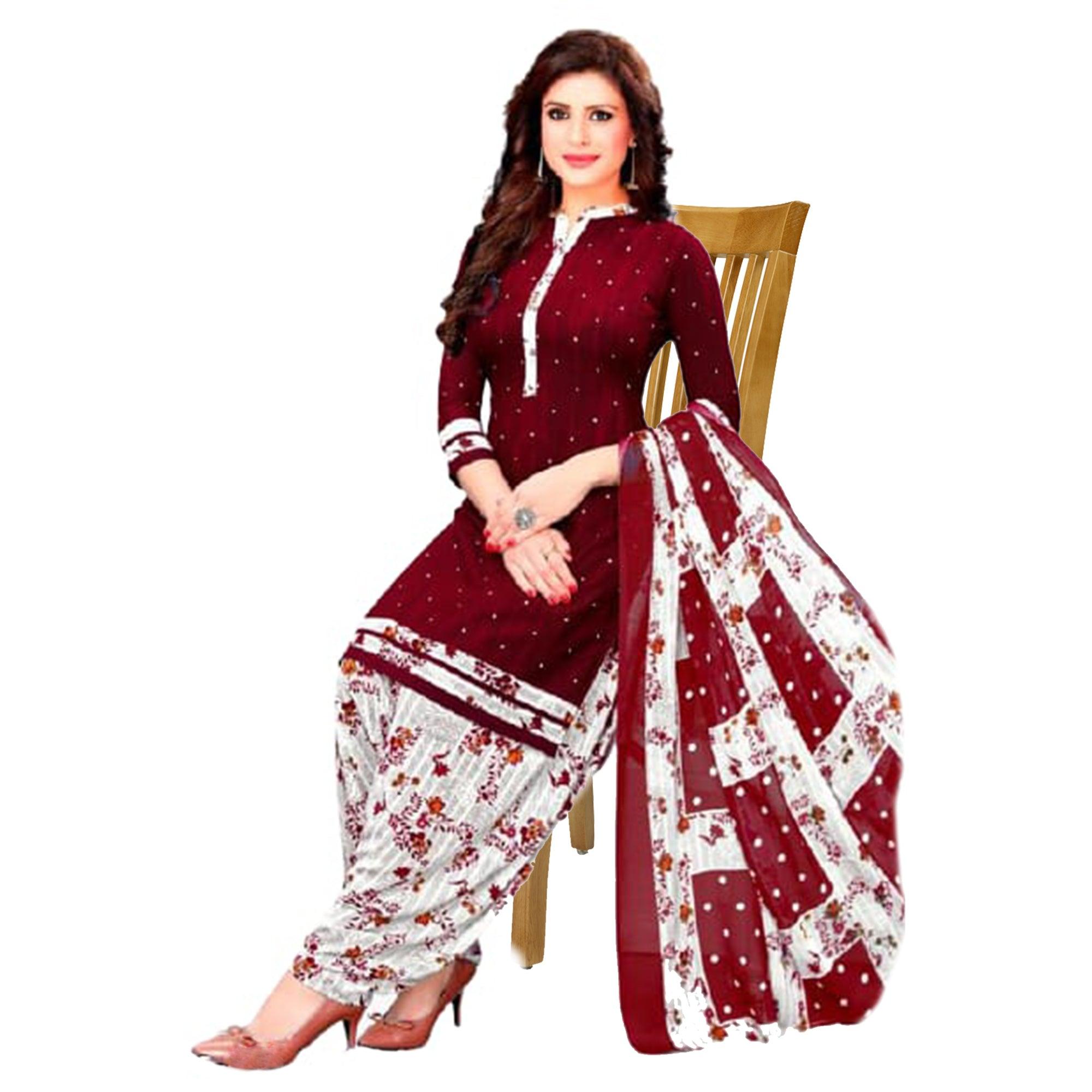 Maroon Casual Wear Printed Leon Patiala Dress Material - Peachmode