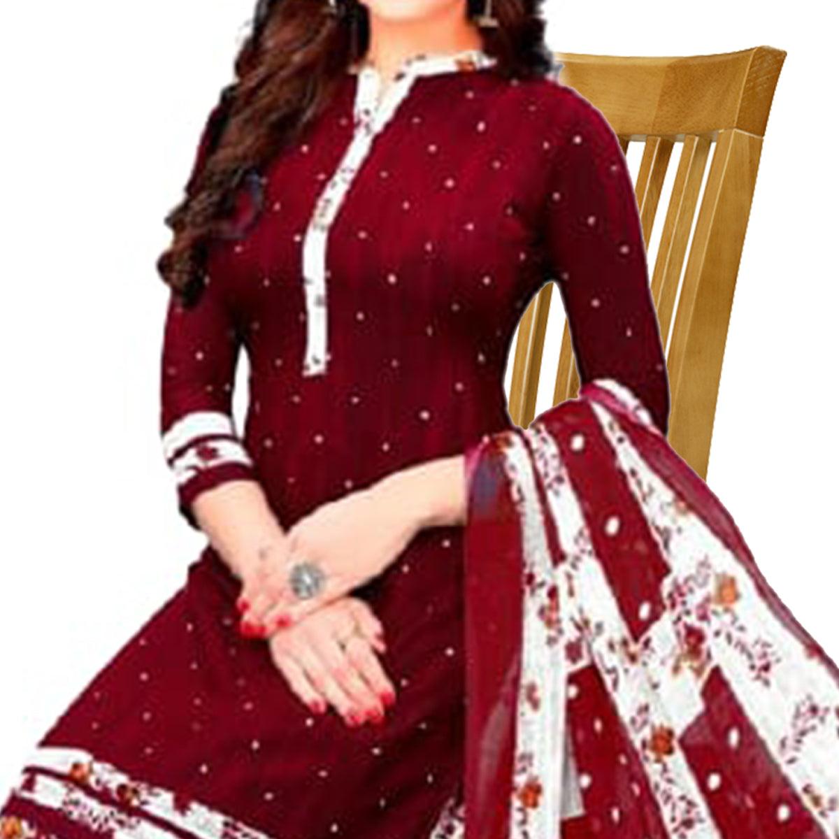 Maroon Casual Wear Printed Leon Patiala Dress Material - Peachmode