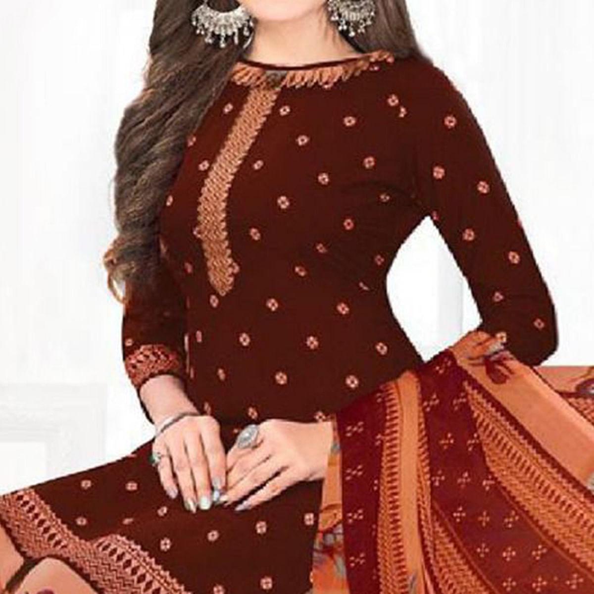 Maroon Casual Wear Printed Leon Patiala Dress Material - Peachmode