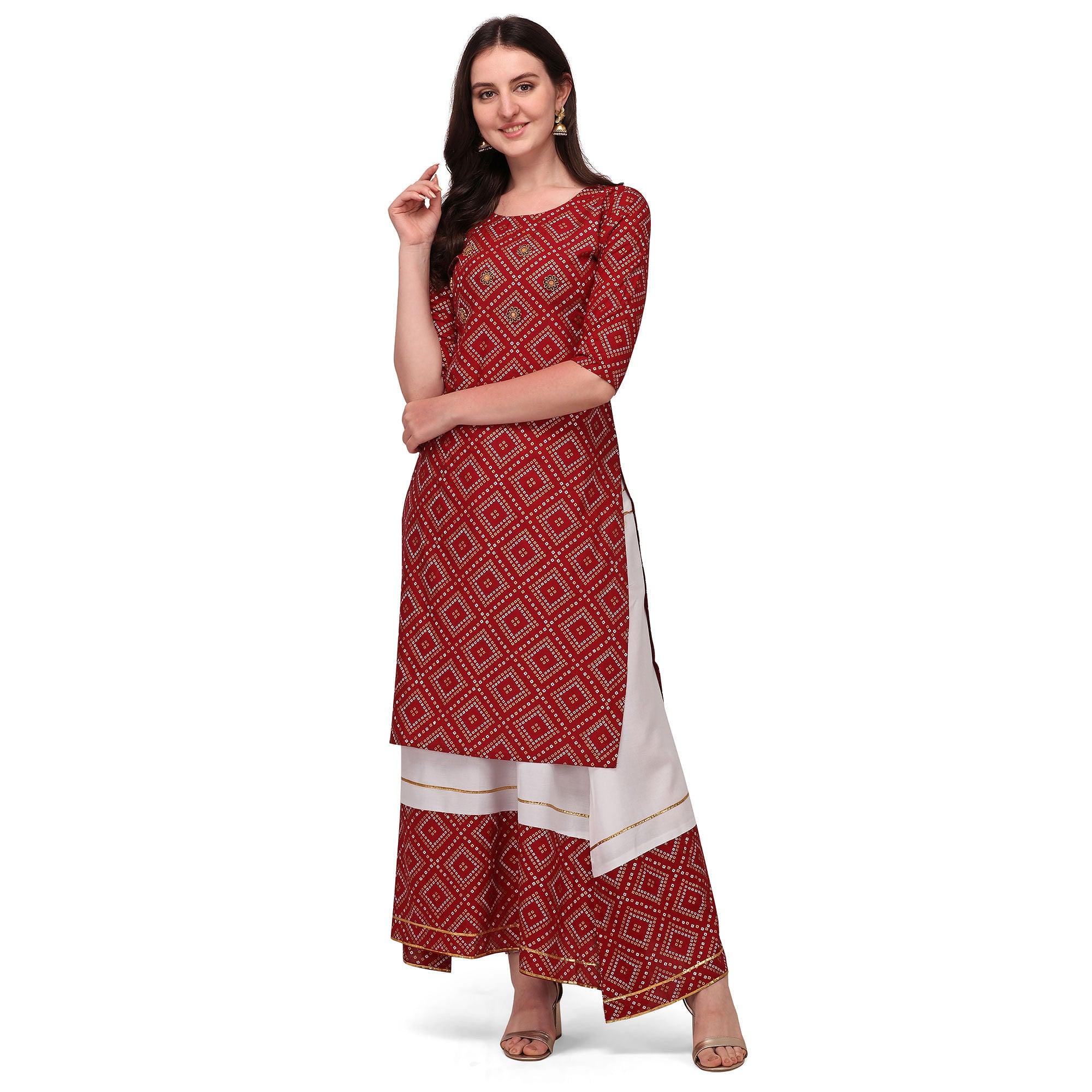 Maroon Casual Wear Printed Rayon Kurti - Skirt Set - Peachmode