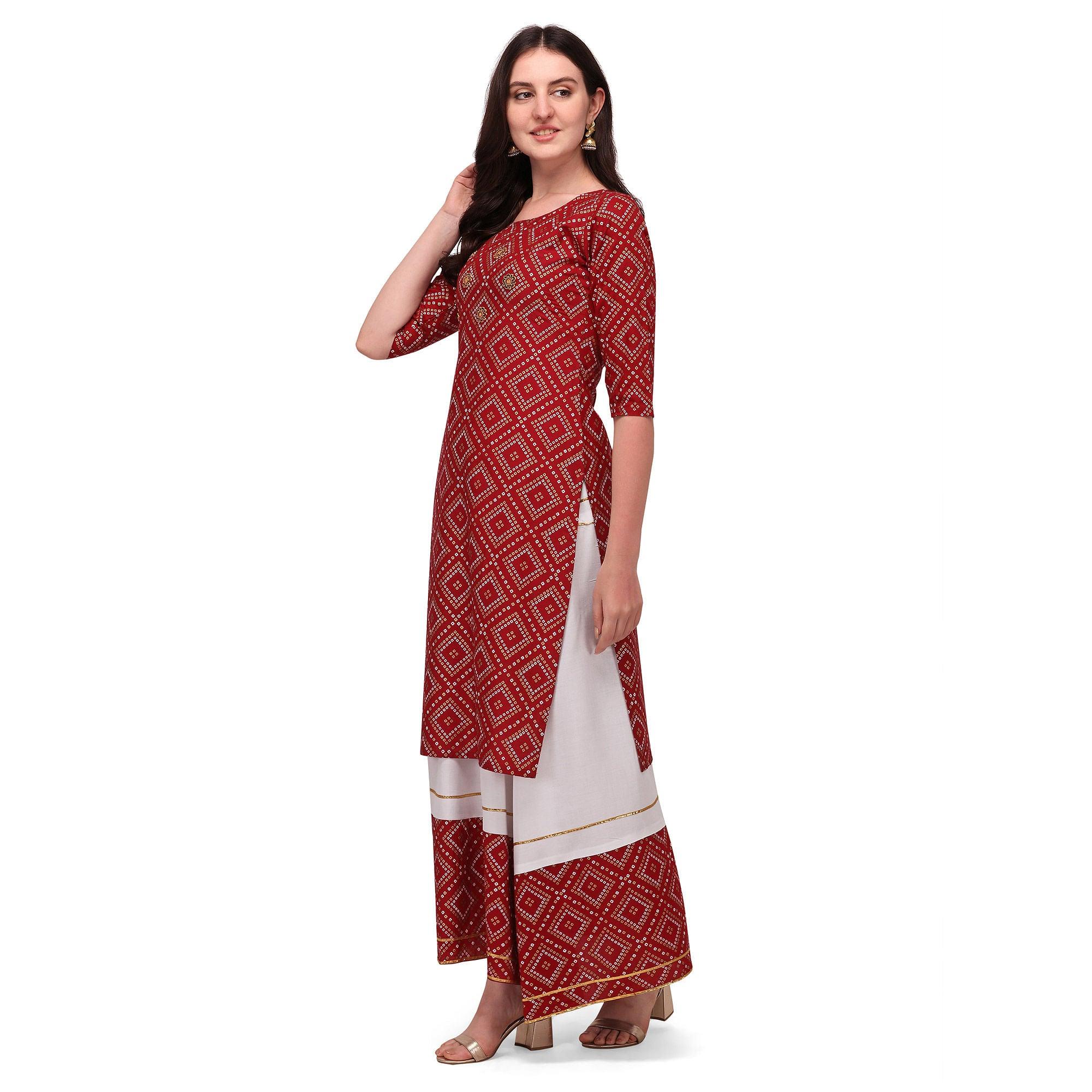 Maroon Casual Wear Printed Rayon Kurti - Skirt Set - Peachmode