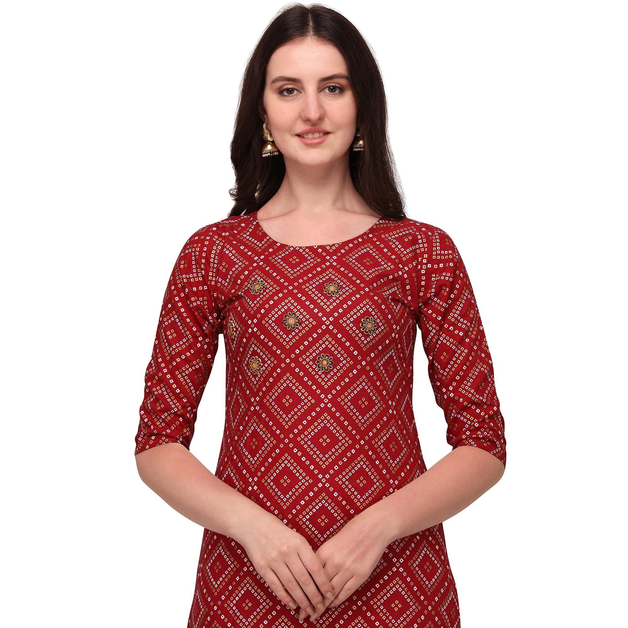 Maroon Casual Wear Printed Rayon Kurti - Skirt Set - Peachmode
