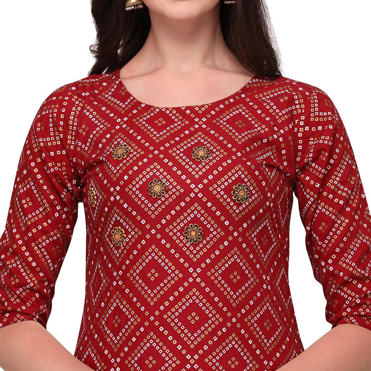 Maroon Casual Wear Printed Rayon Kurti - Skirt Set - Peachmode
