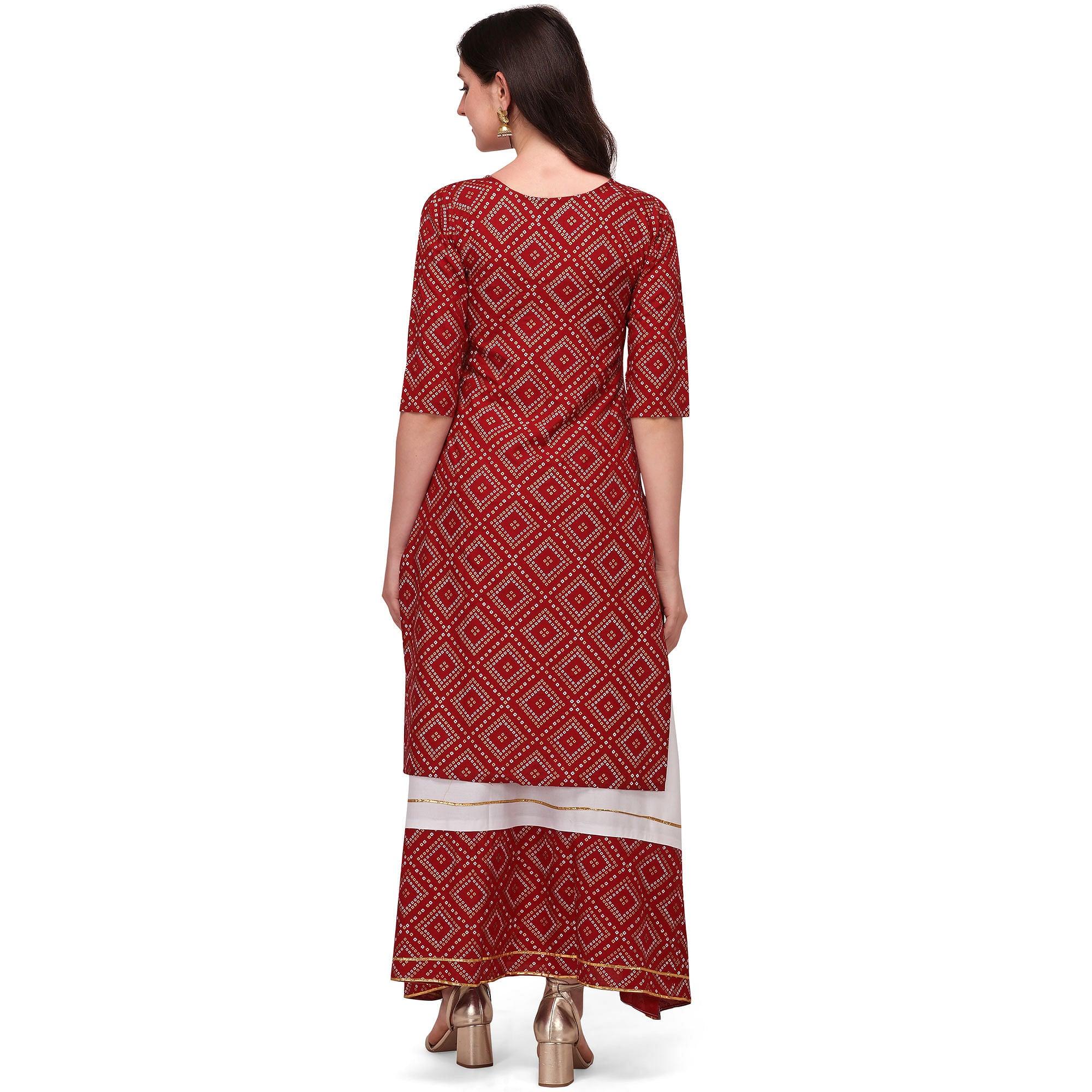 Maroon Casual Wear Printed Rayon Kurti - Skirt Set - Peachmode