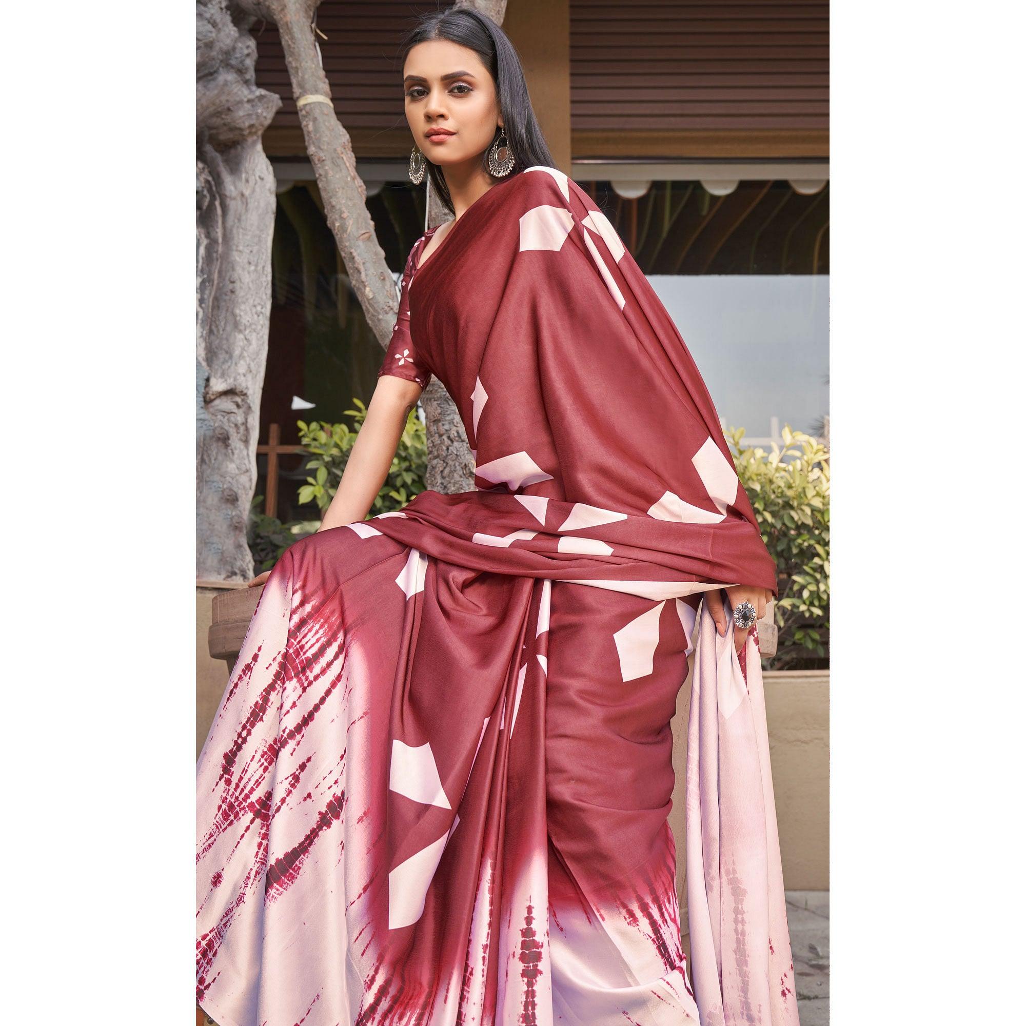 Maroon Casual Wear Printed Satin Silk Saree - Peachmode