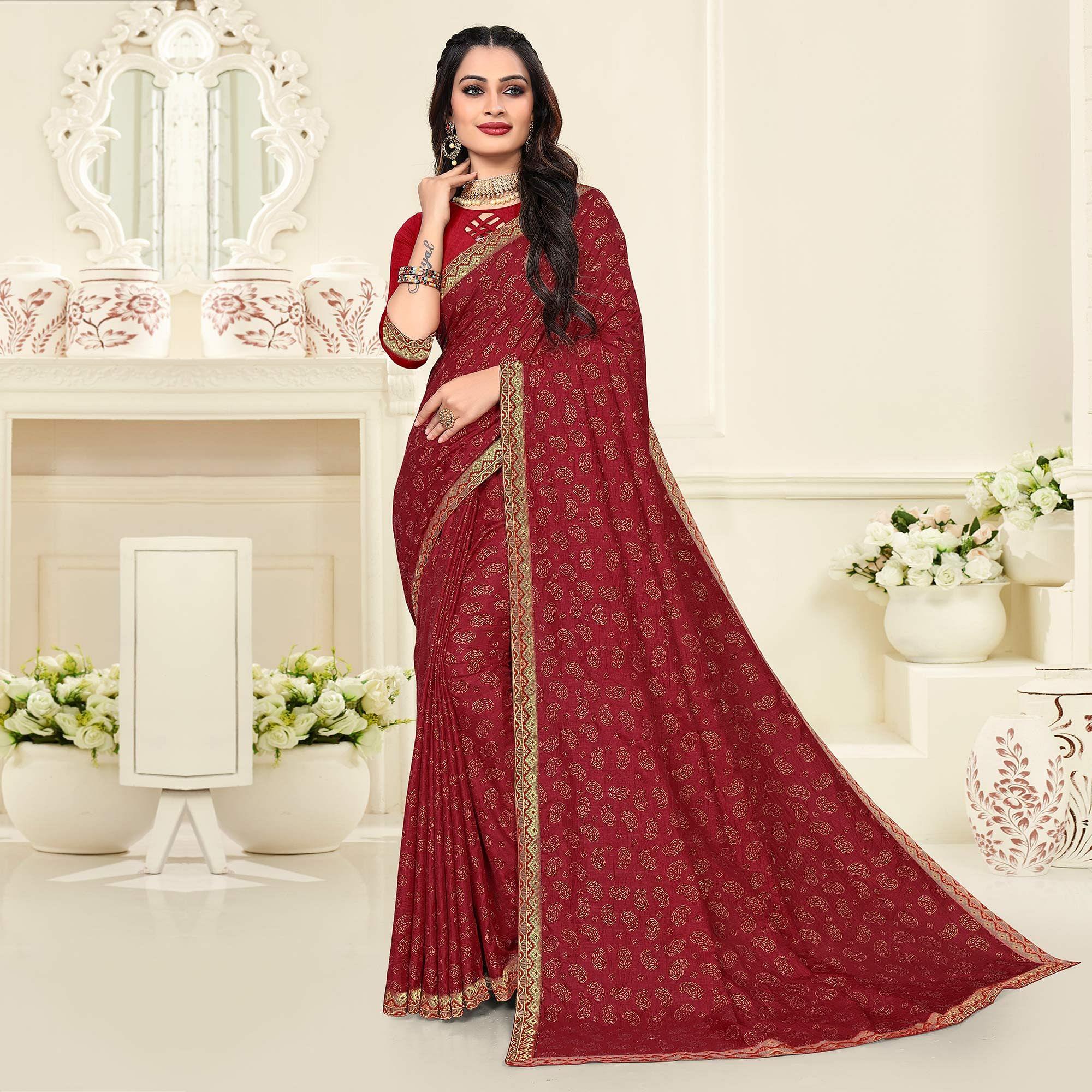 Maroon Casual Wear Printed Vichitra Silk Saree - Peachmode