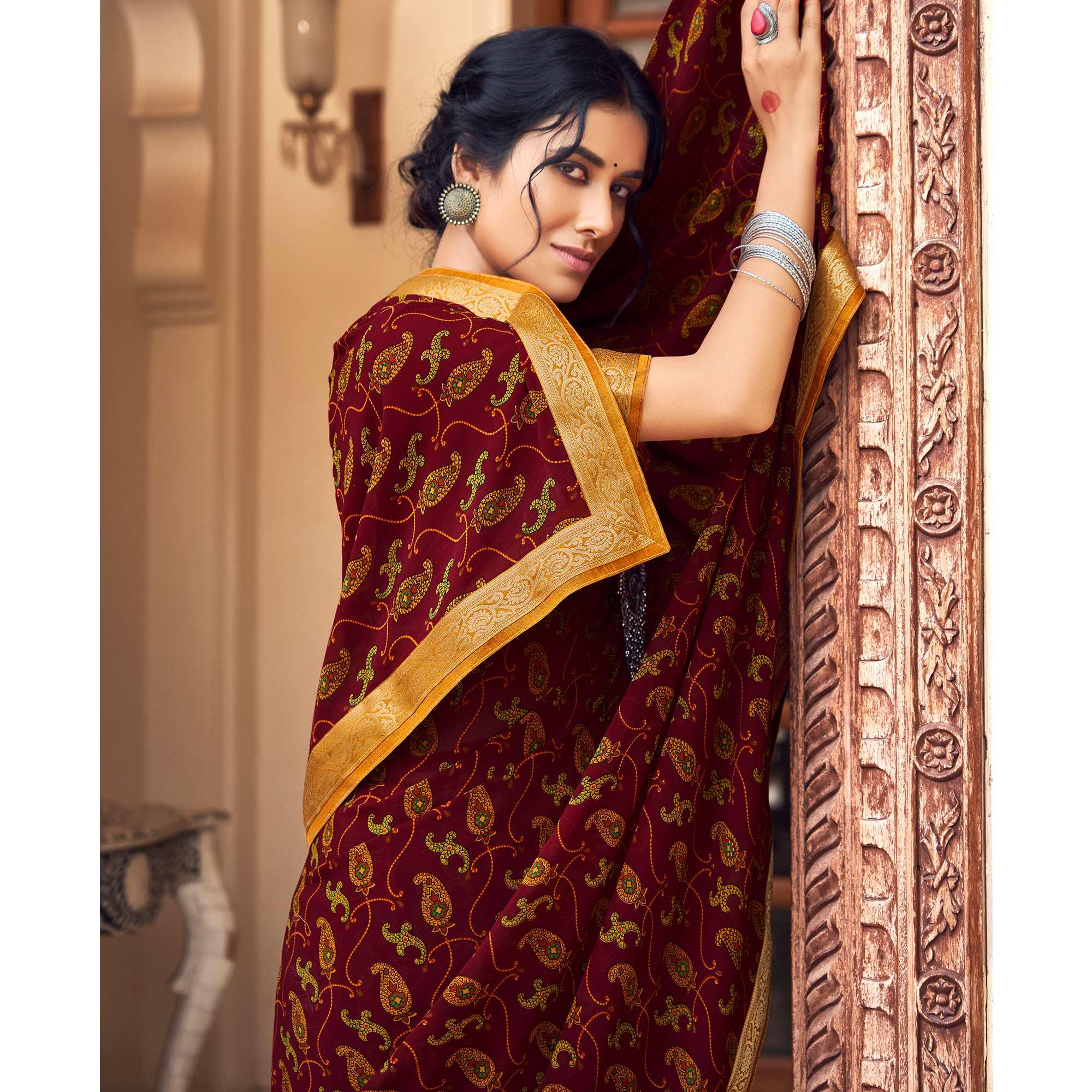 Maroon Casual Wear Printed Weightless Georgette Saree - Peachmode