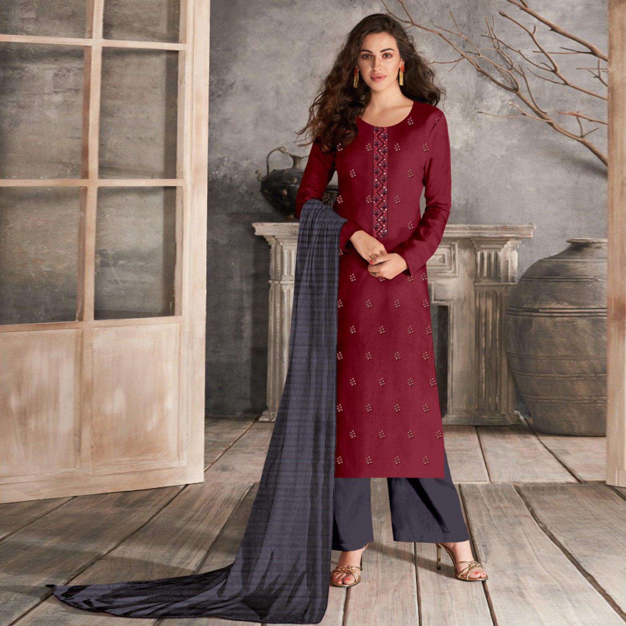 Maroon Casual Wear Sequence Embroidered Chinon Silk Dress Material - Peachmode