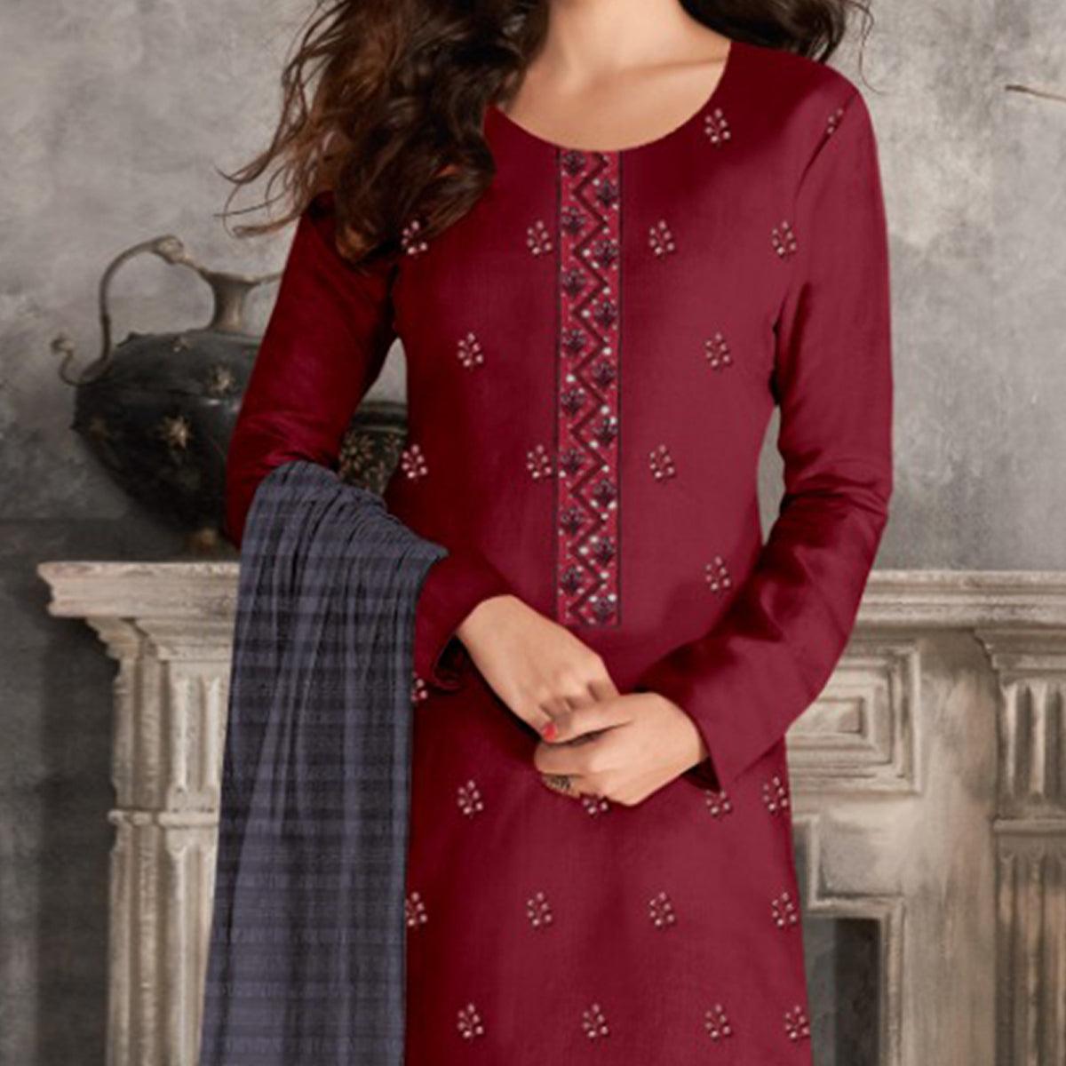 Maroon Casual Wear Sequence Embroidered Chinon Silk Dress Material - Peachmode