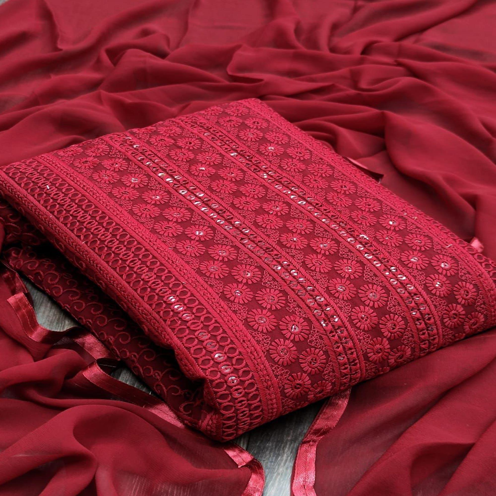 Maroon Casual Wear Sequence Embroidered Georgette Dress Material - Peachmode
