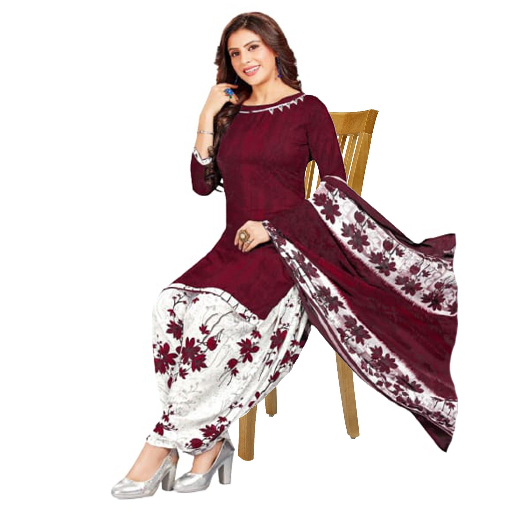 Maroon Casual Wear Solid-Printed Leon Patiala Dress Material - Peachmode