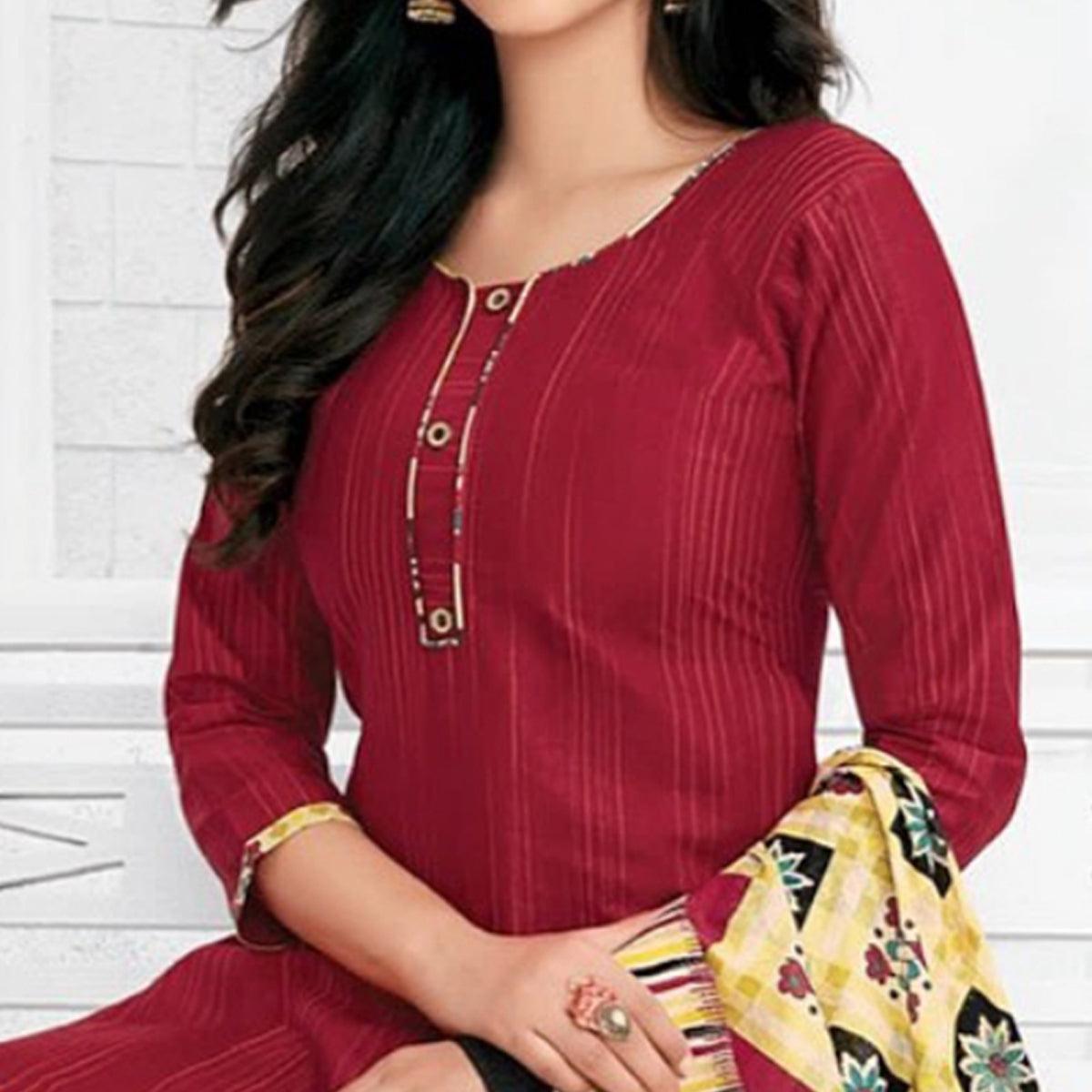 Maroon Casual Wear Stripes Printed Stitched Cotton Patiyala Suit With Dupatta - Peachmode