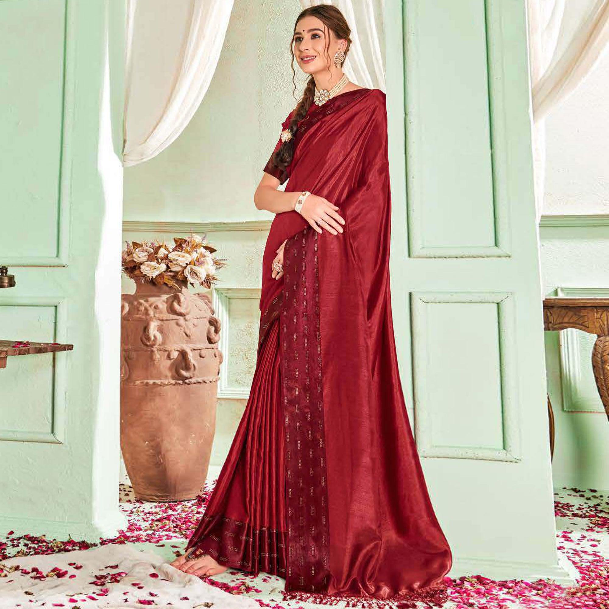 Maroon Casual Wear Sworski Work Dola Silk Saree - Peachmode