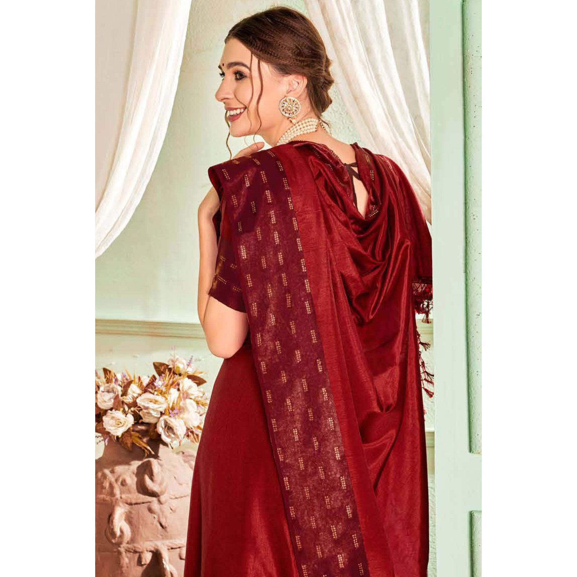 Maroon Casual Wear Sworski Work Dola Silk Saree - Peachmode