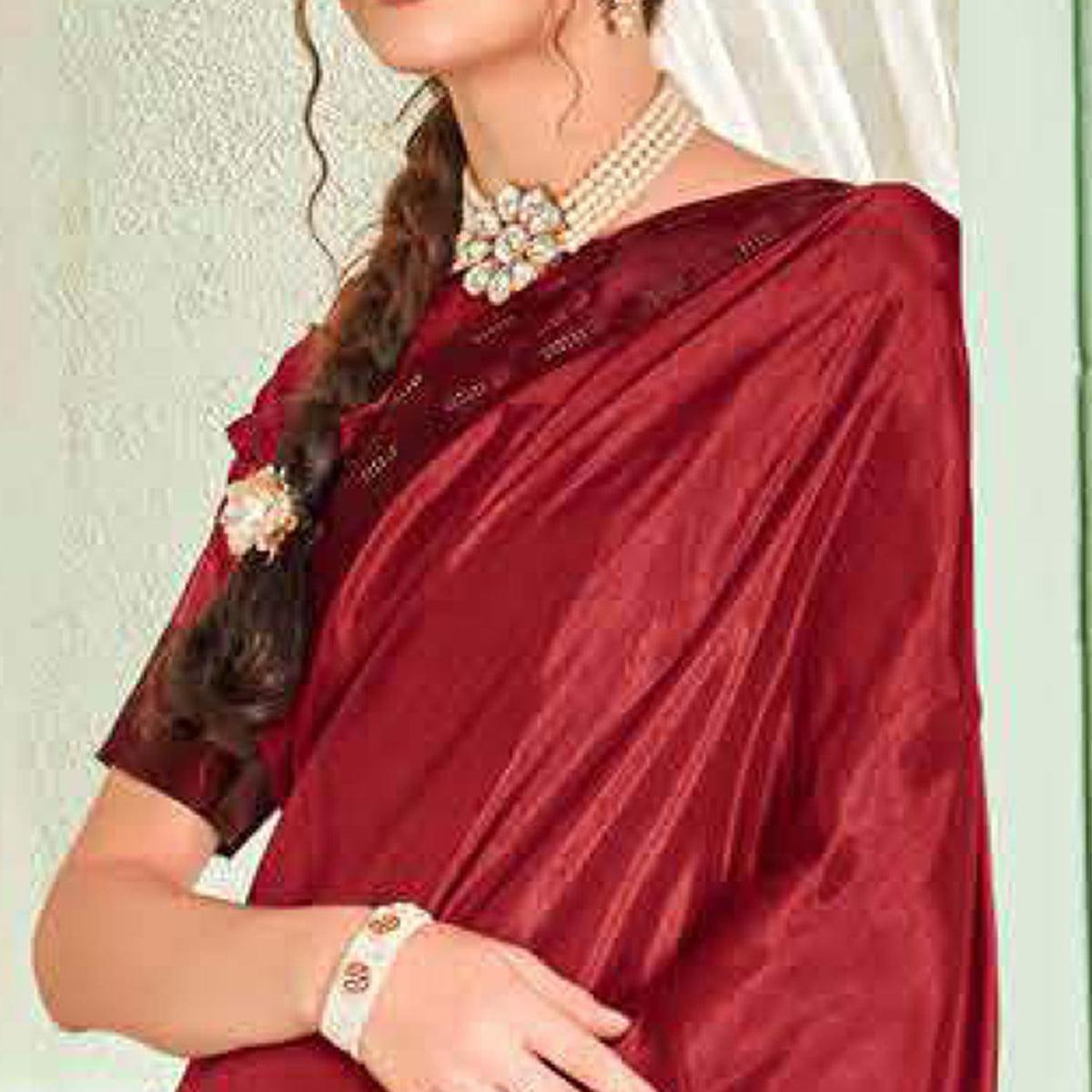 Maroon Casual Wear Sworski Work Dola Silk Saree - Peachmode