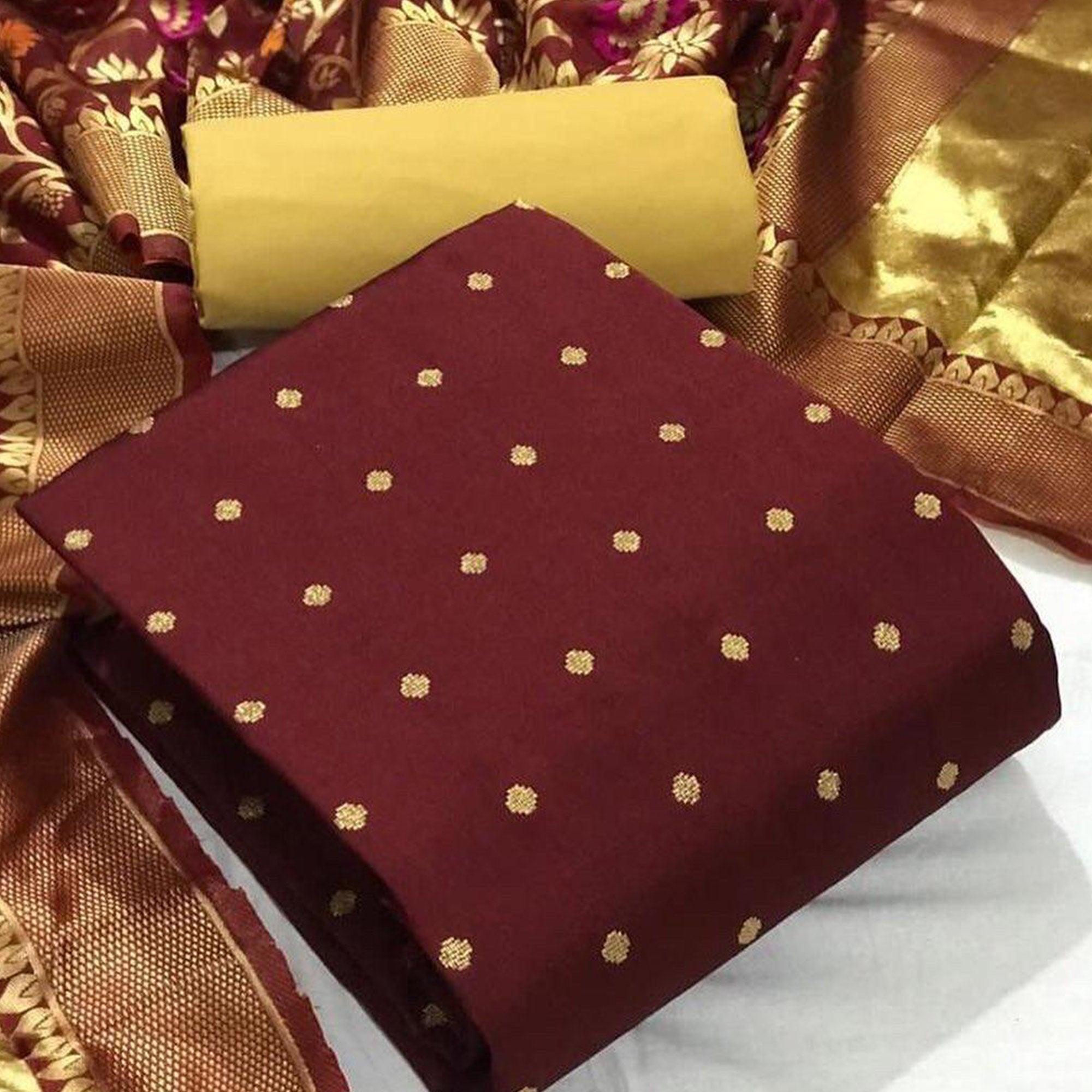 Maroon Casual Wear Woven Banarasi Silk Dress Material - Peachmode