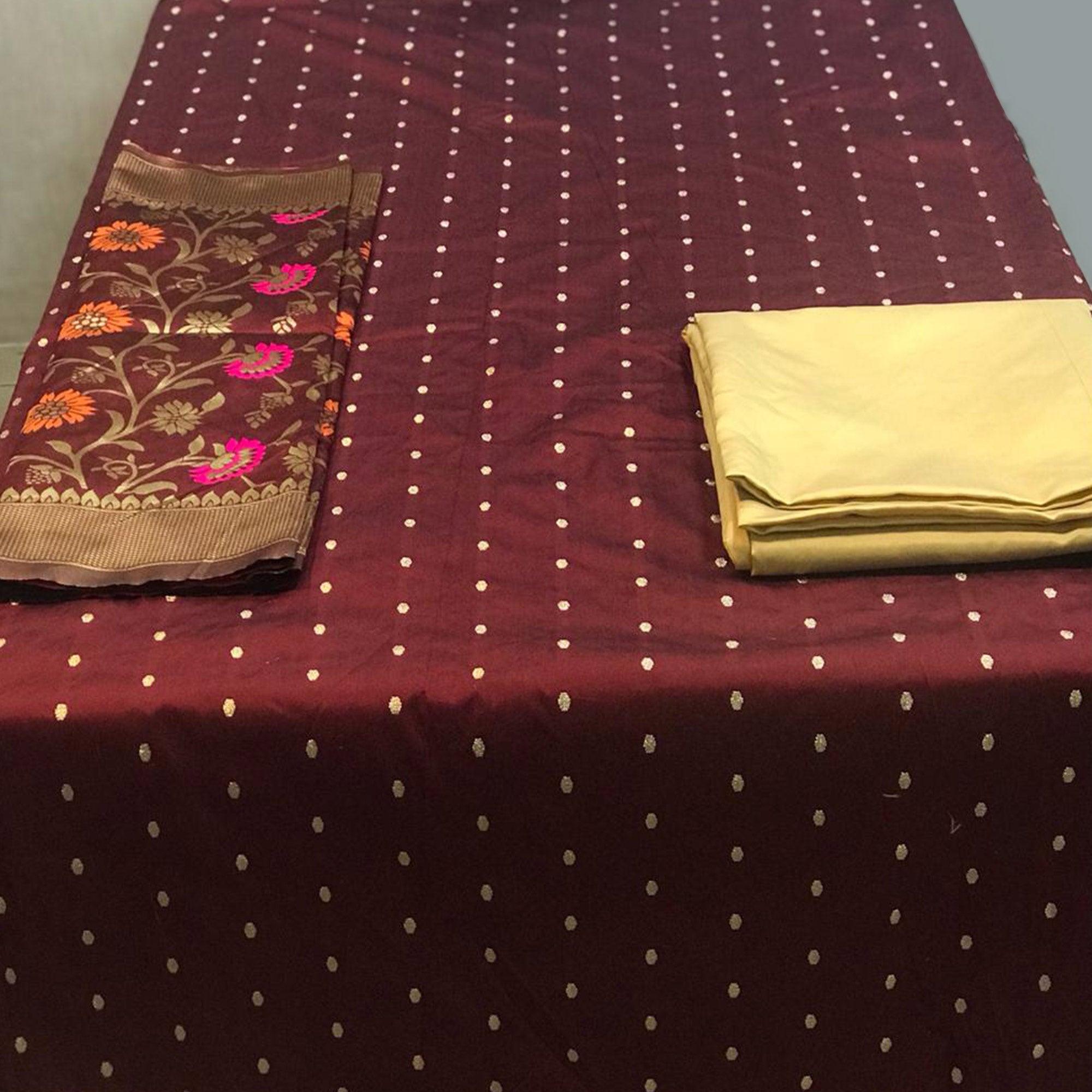 Maroon Casual Wear Woven Banarasi Silk Dress Material - Peachmode