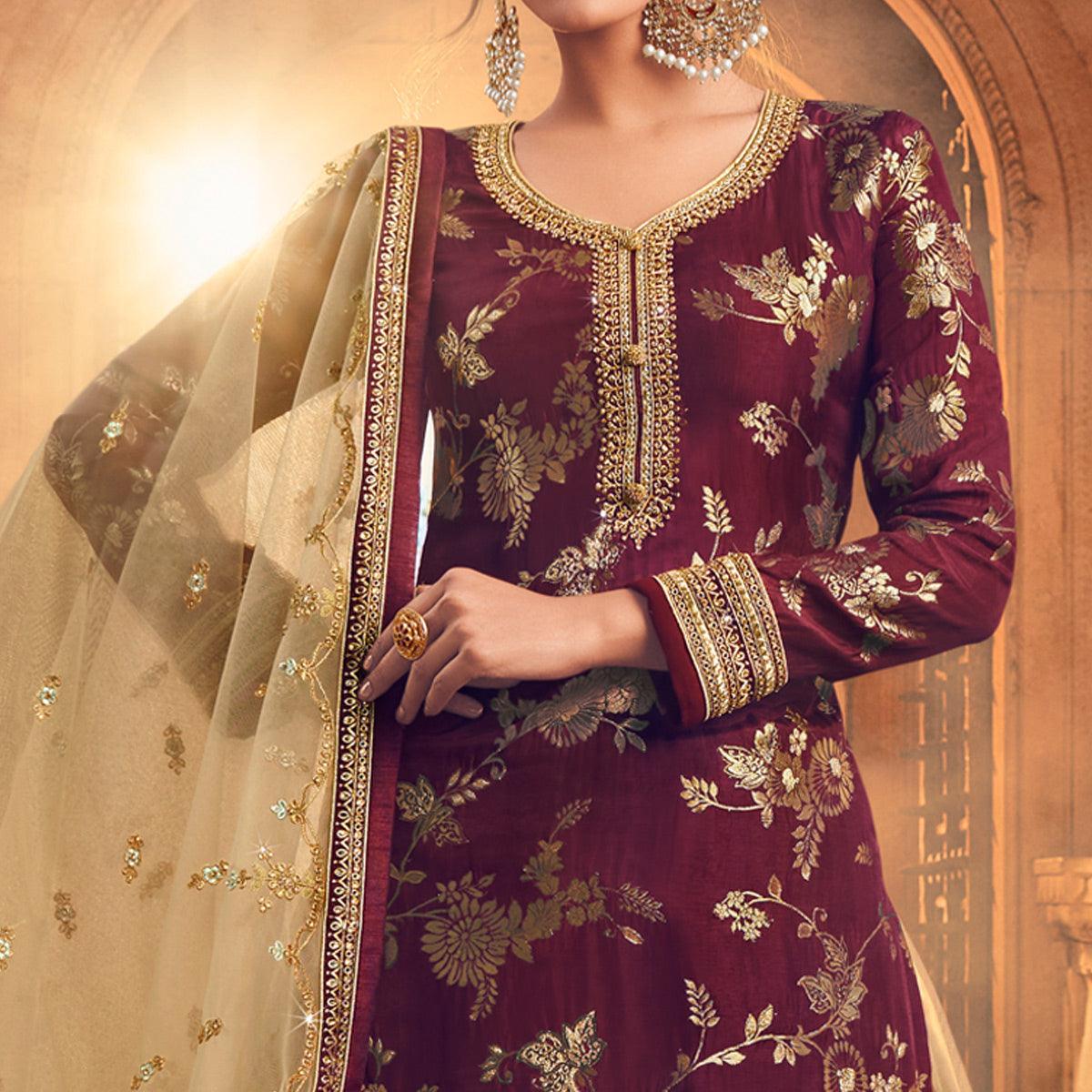 Maroon-Chikoo Festive Wear Floral Emboidered With Diamond Net Lehenga Choli - Peachmode