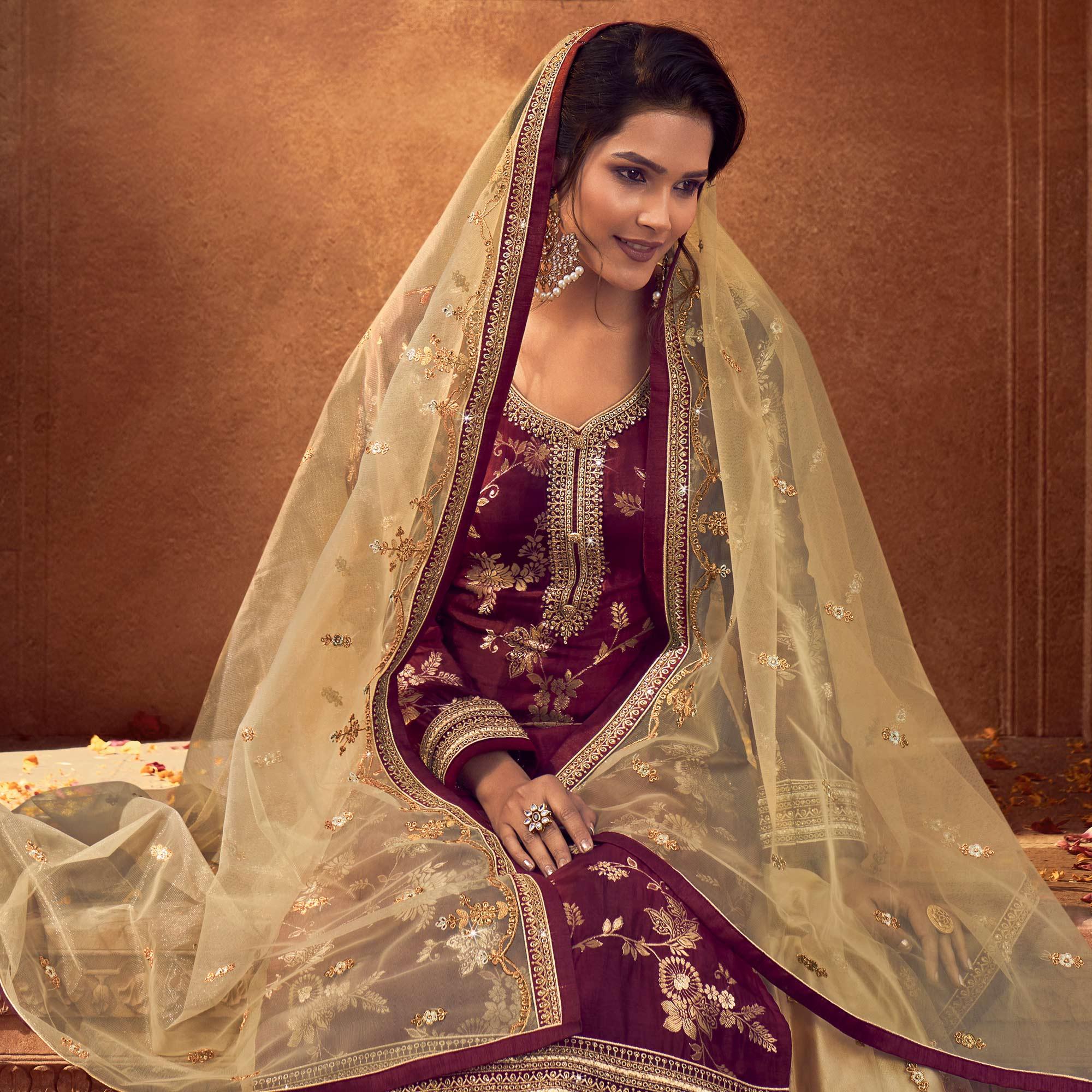 Maroon-Chikoo Festive Wear Floral Emboidered With Diamond Net Lehenga Choli - Peachmode
