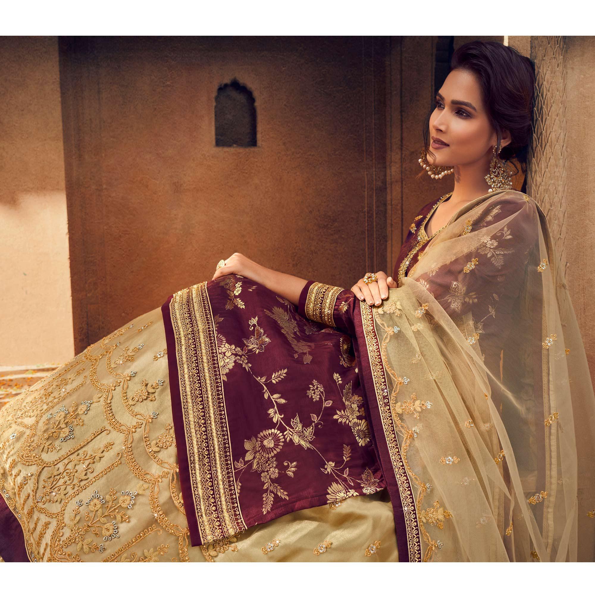 Maroon-Chikoo Festive Wear Floral Emboidered With Diamond Net Lehenga Choli - Peachmode