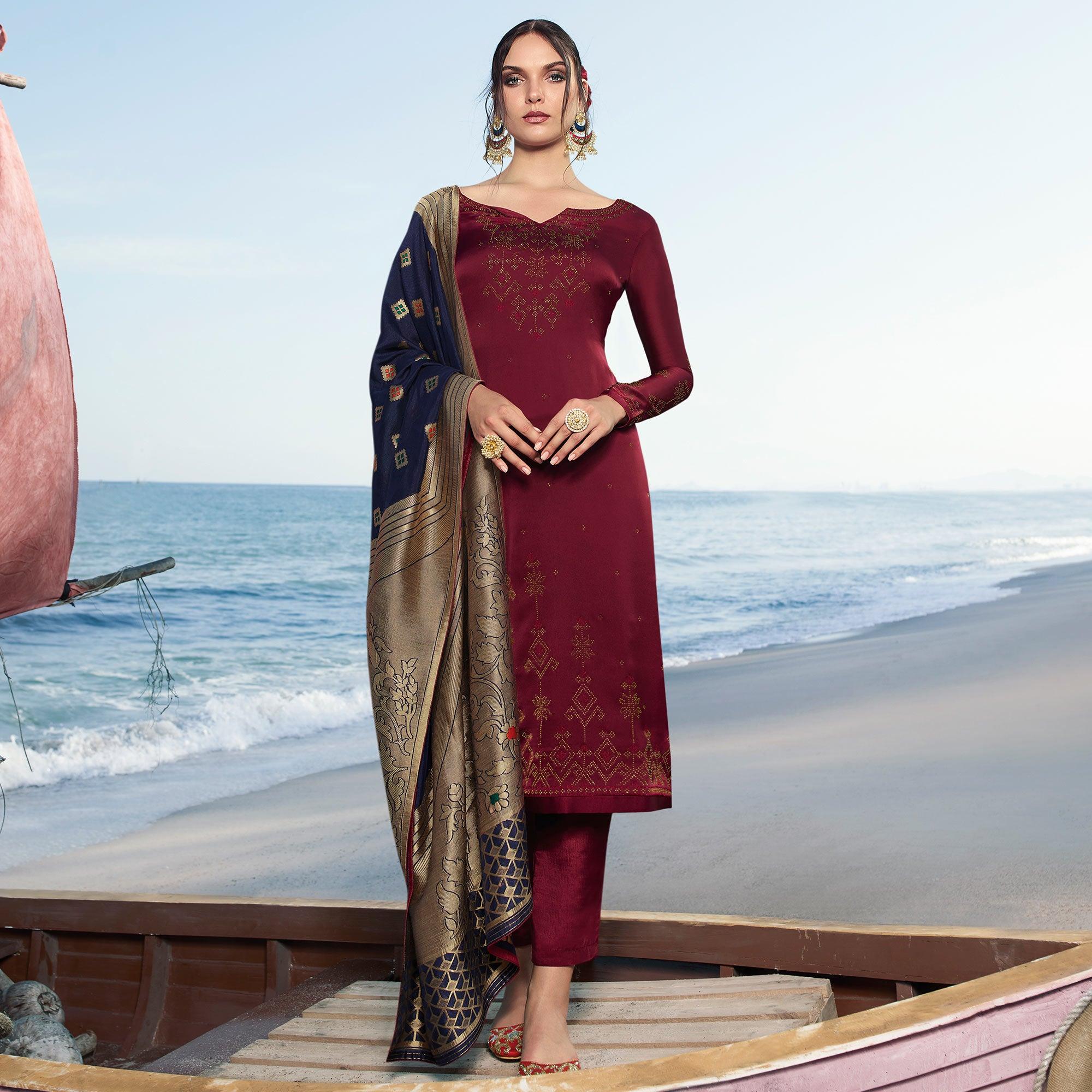 Maroon Colored Partywear Pure Satin Georgette Suit - Peachmode