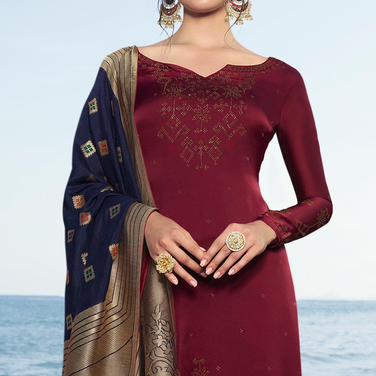 Maroon Colored Partywear Pure Satin Georgette Suit - Peachmode