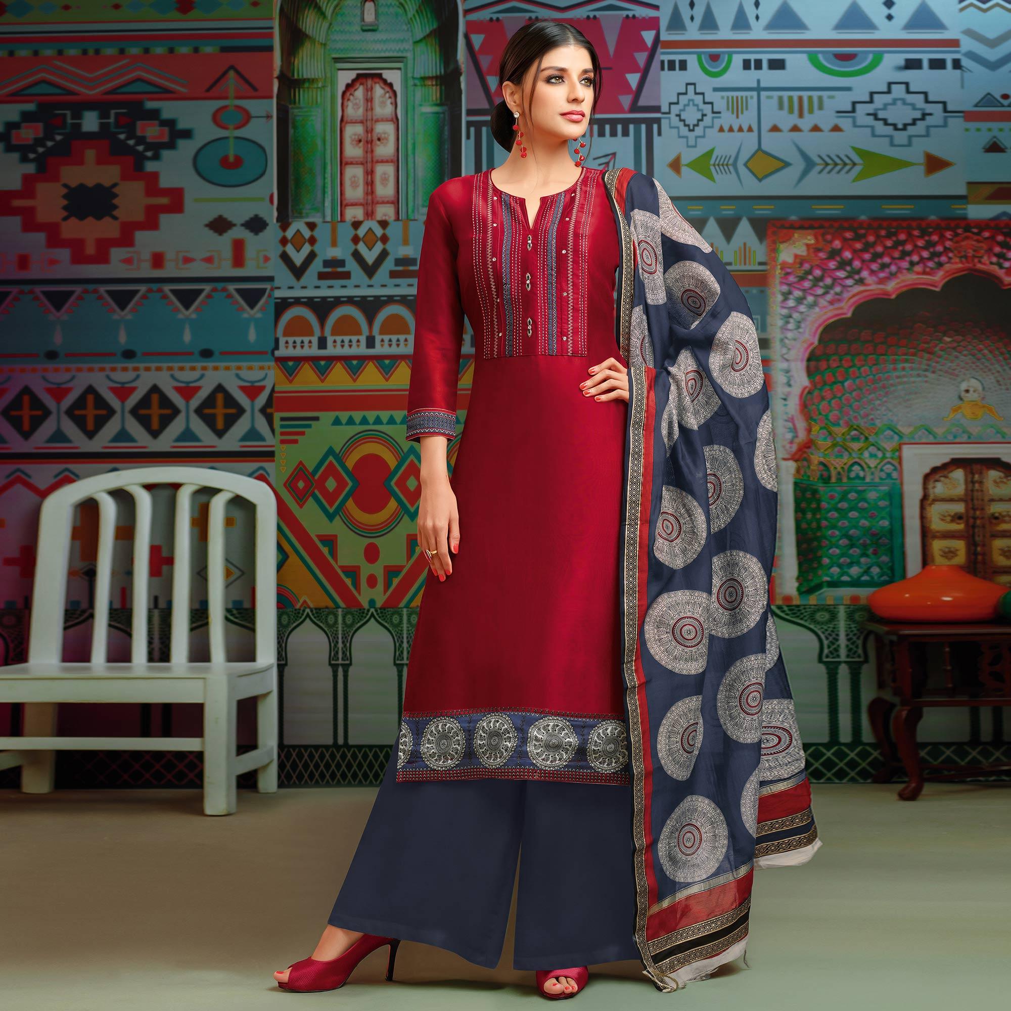 Maroon Digital Printed Chanderi Palazzo Suit - Peachmode