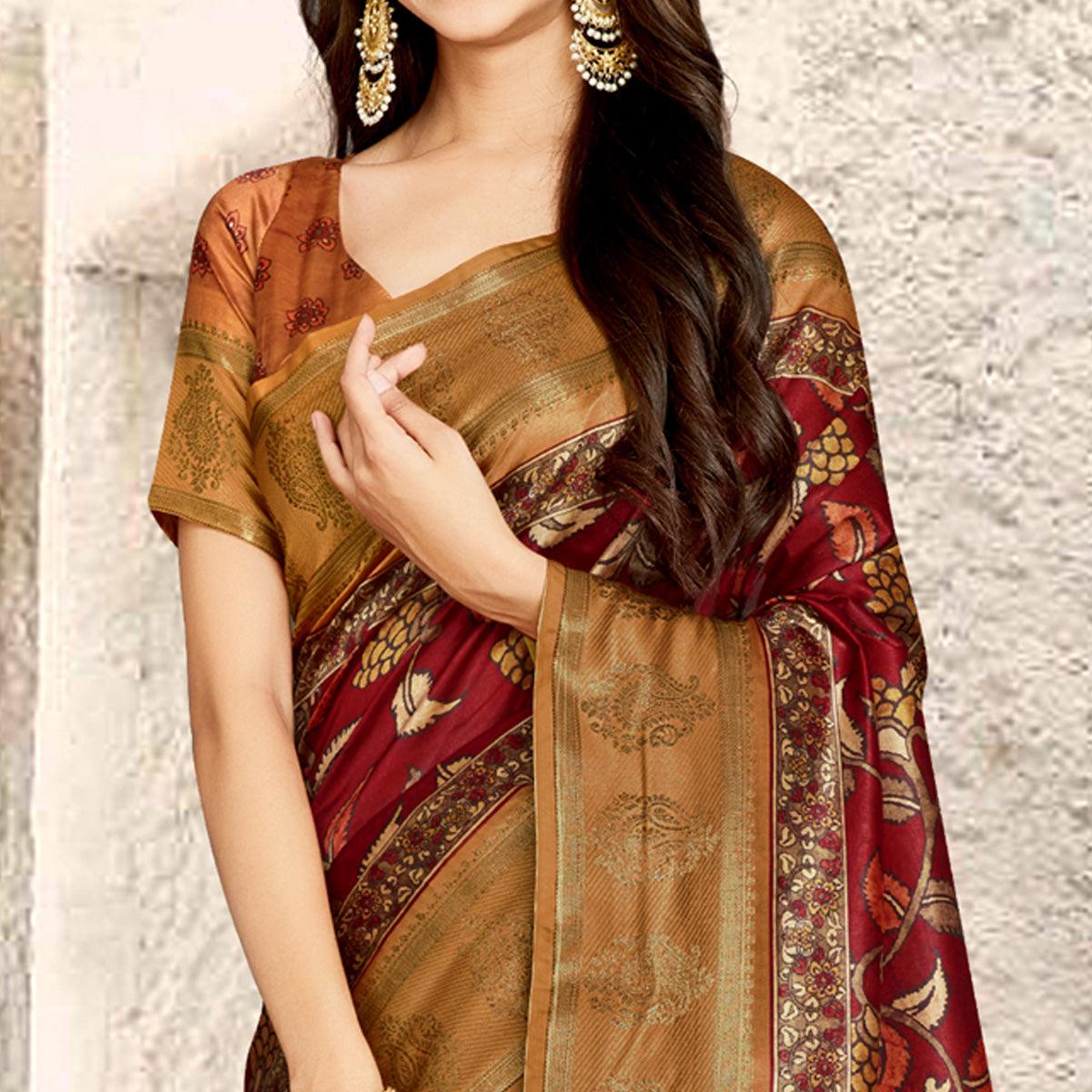 Maroon Digital Printed Tussar Silk Saree With Tassels - Peachmode