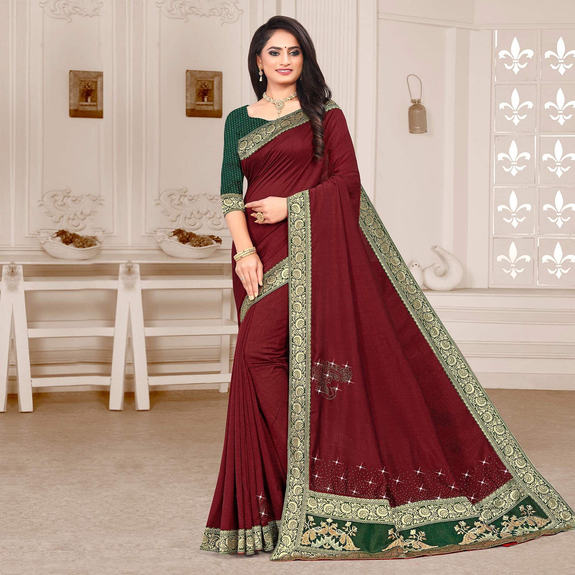 Maroon Embellished Vichitra Silk Saree - Peachmode