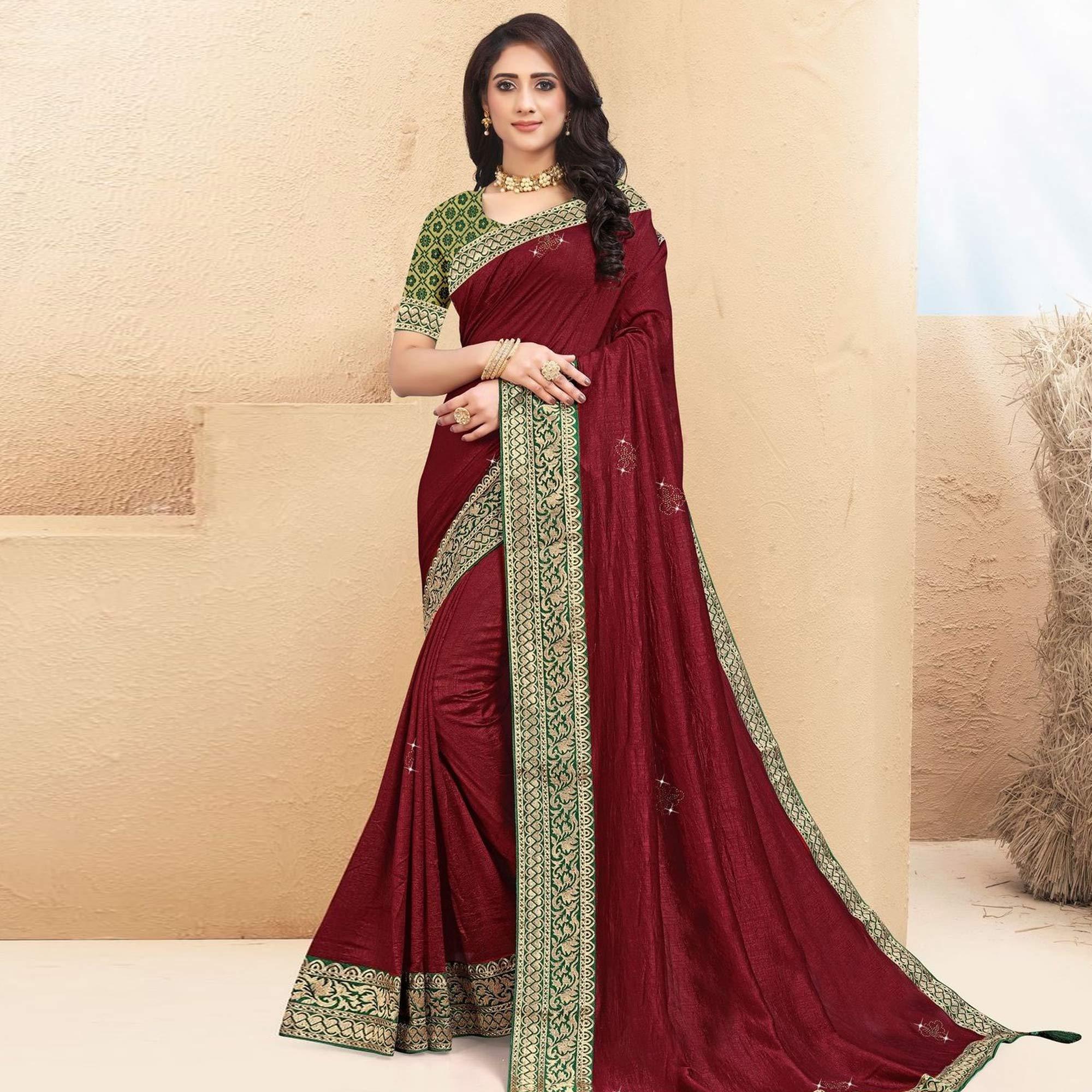 Maroon Embellished Vichitra Silk Saree - Peachmode