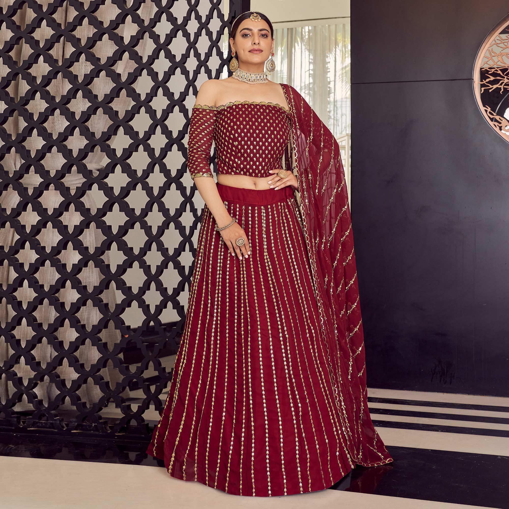Maroon Embellished With Embroidered Georgette Lehenga Choli - Peachmode