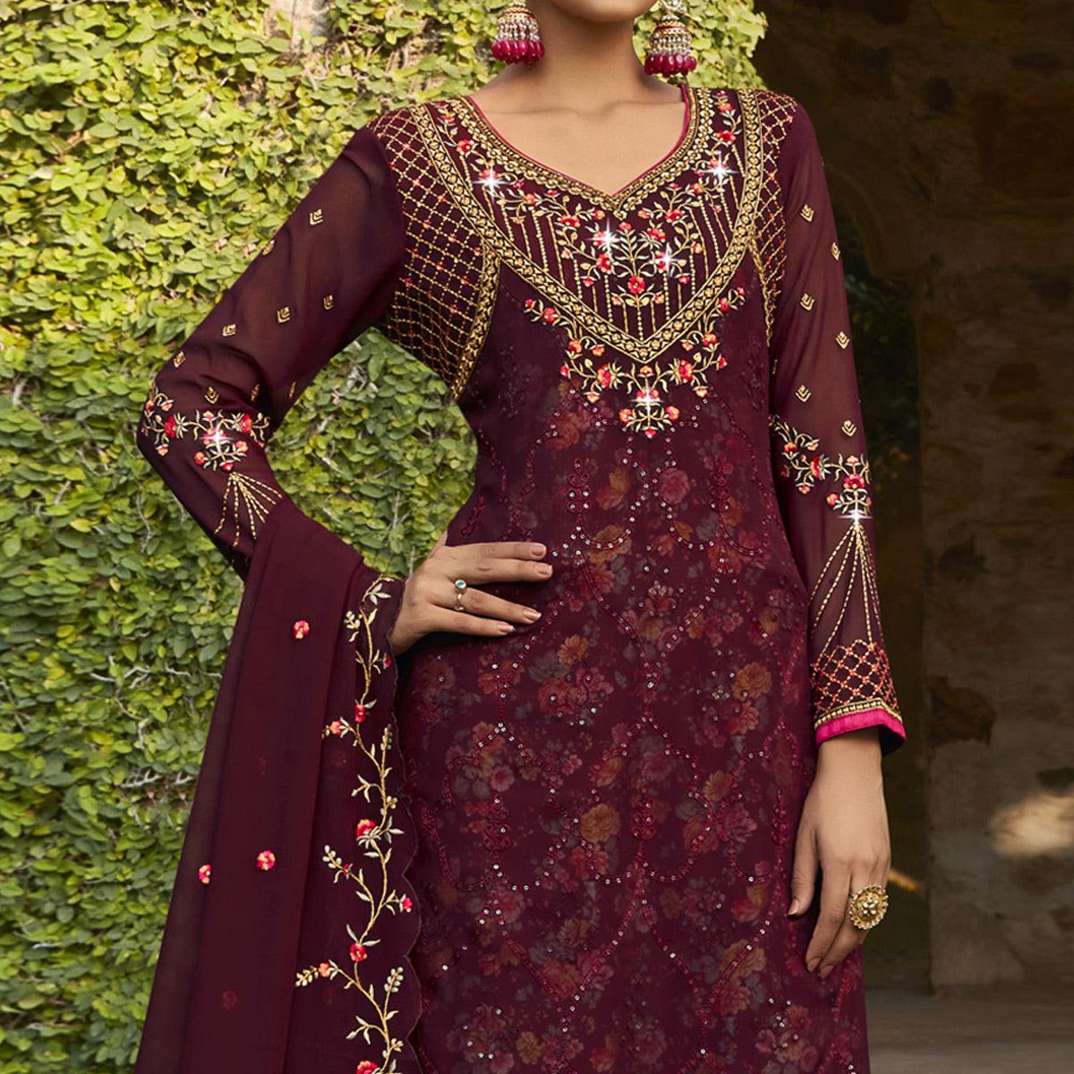 Maroon Embellished With Embroidered Georgette Palazzo Suit - Peachmode