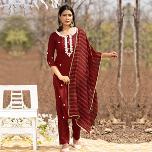 Maroon Embellished With Embroidered Muslin Kurti Pant Set With Dupatta - Peachmode