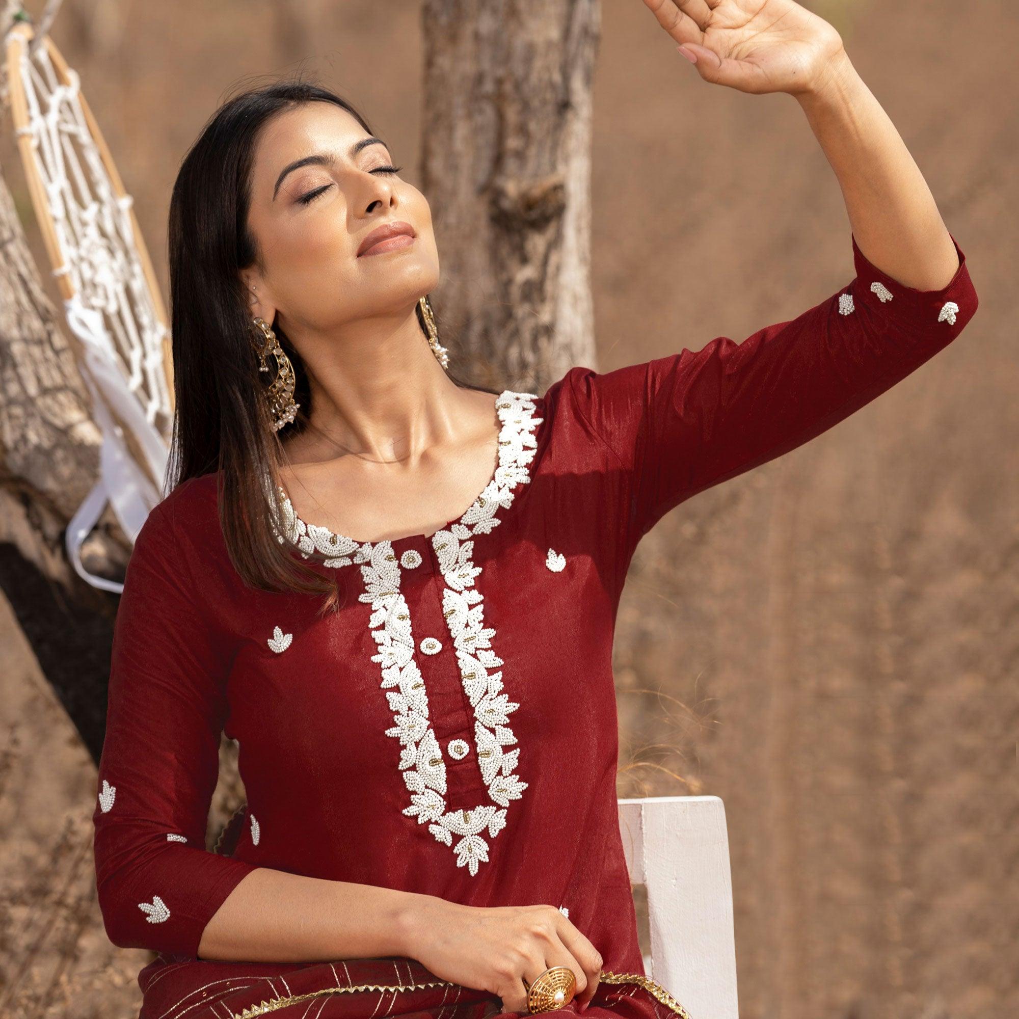 Maroon Embellished With Embroidered Muslin Kurti Pant Set With Dupatta - Peachmode