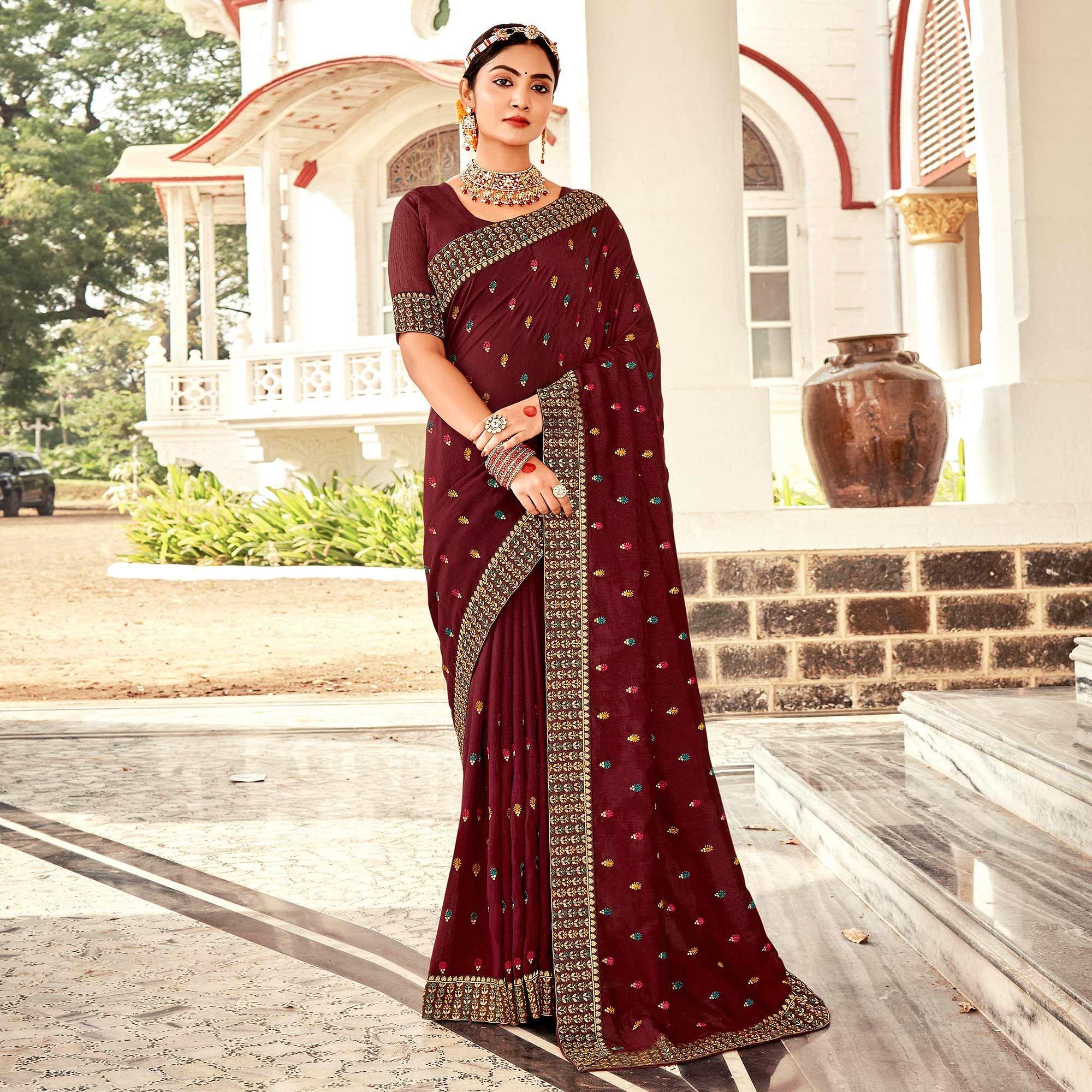 Maroon Embellished With Embroidered Vichitra Silk Saree - Peachmode