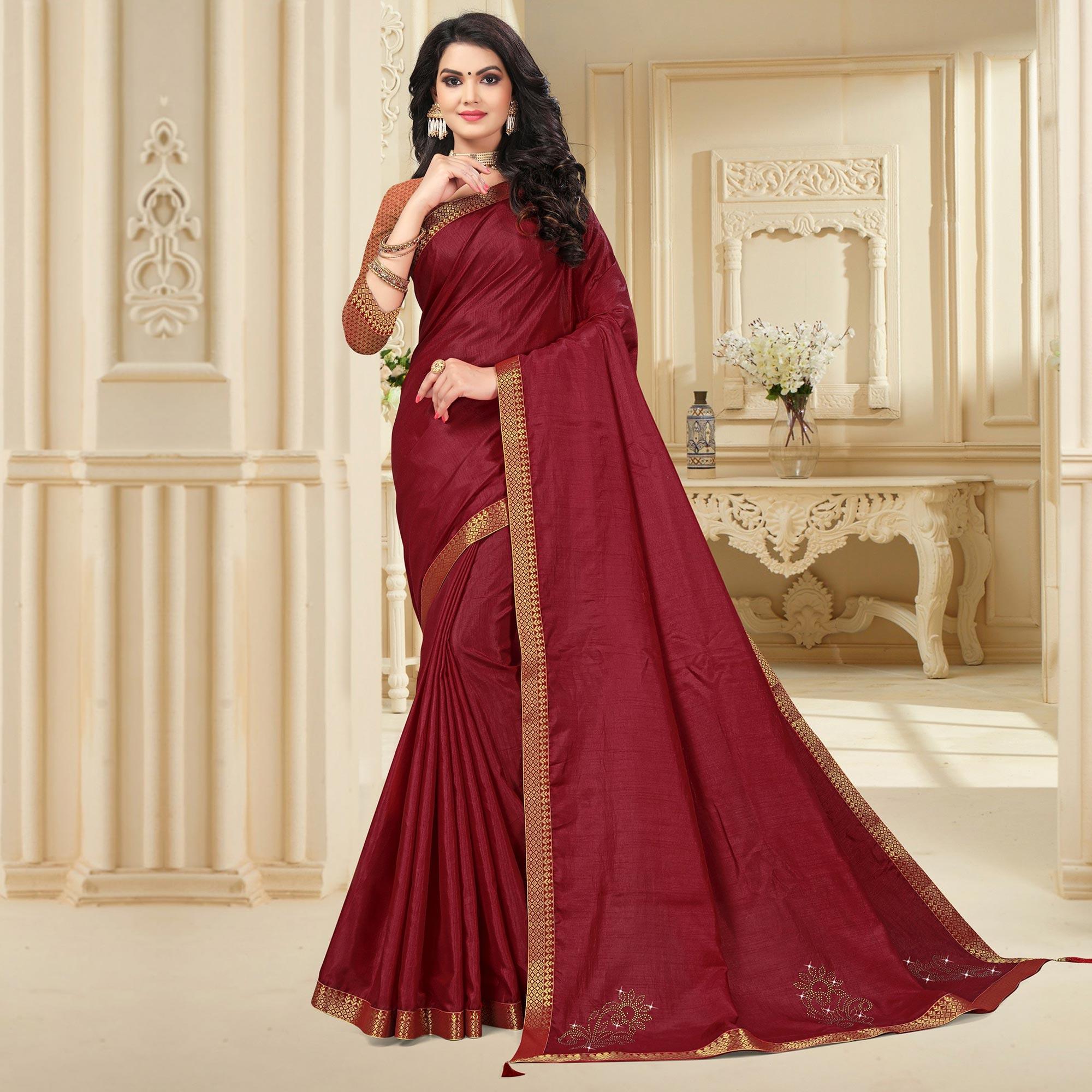 Maroon Embellished With Embroidered Vichitra Silk Saree - Peachmode