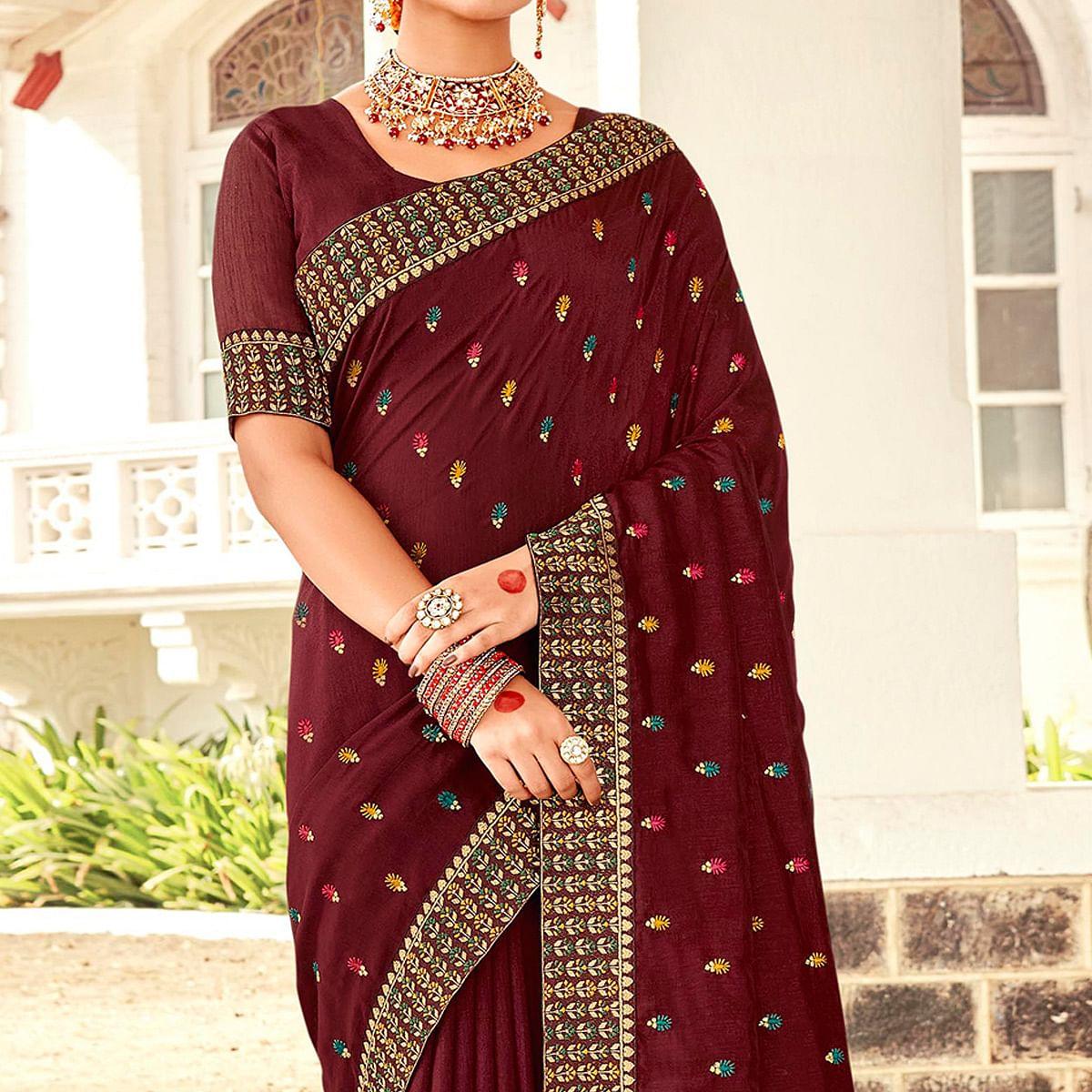 Maroon Embellished With Embroidered Vichitra Silk Saree - Peachmode