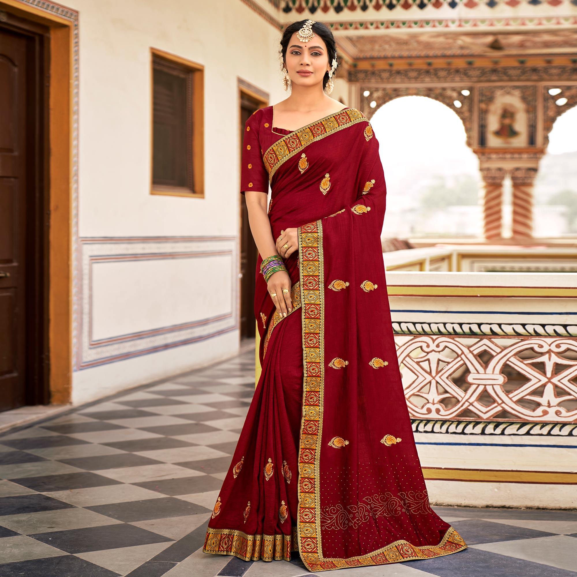 Maroon Embellished With Embroidered Vichitra Silk Saree - Peachmode
