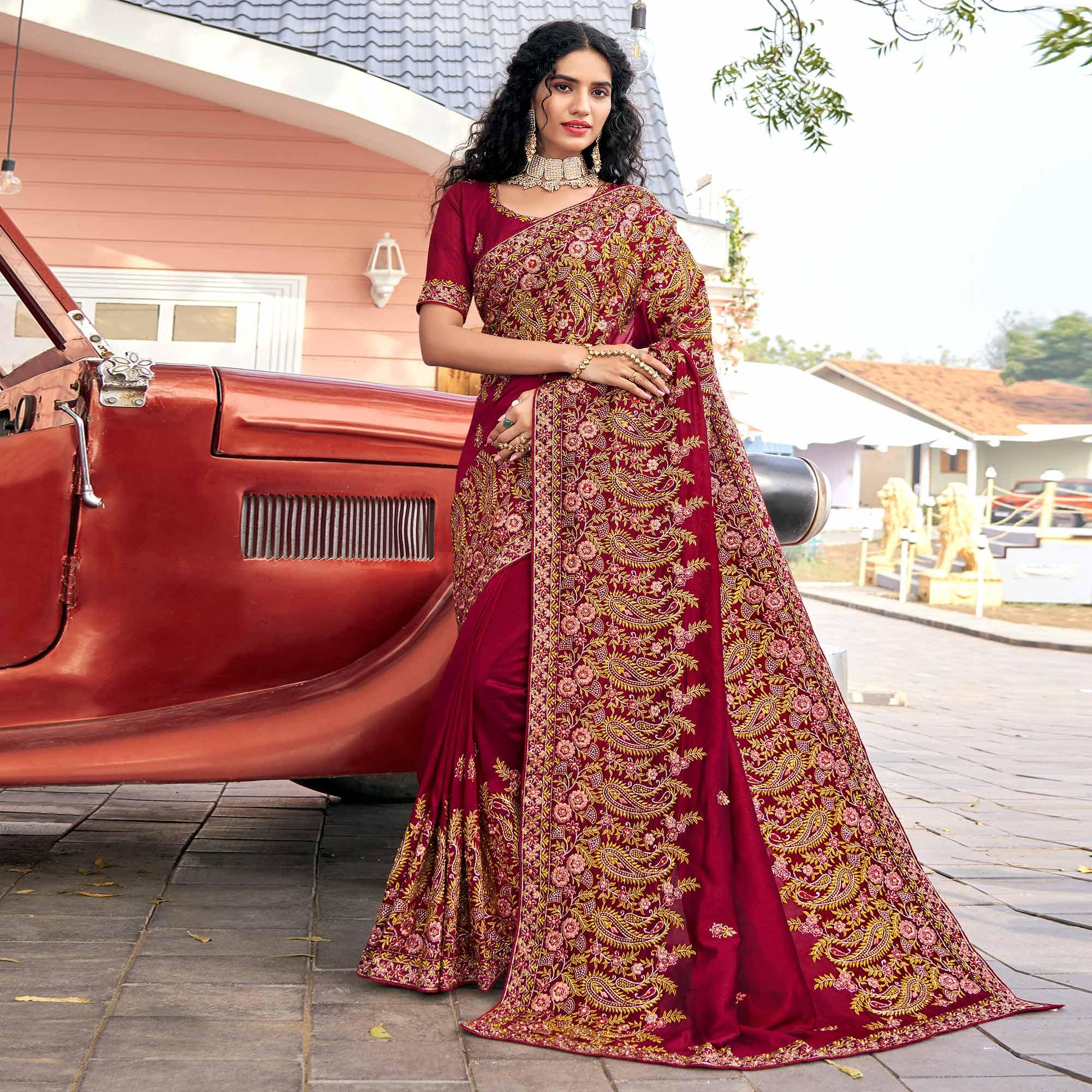Maroon Embellished With Embroidered Vichitra Silk Saree - Peachmode