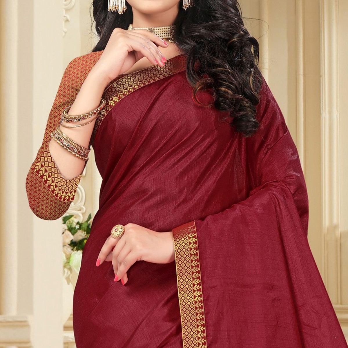 Maroon Embellished With Embroidered Vichitra Silk Saree - Peachmode