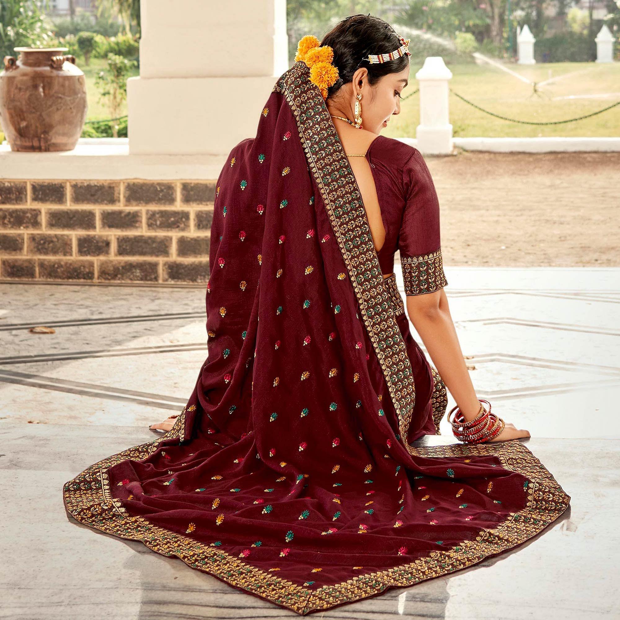 Maroon Embellished With Embroidered Vichitra Silk Saree - Peachmode