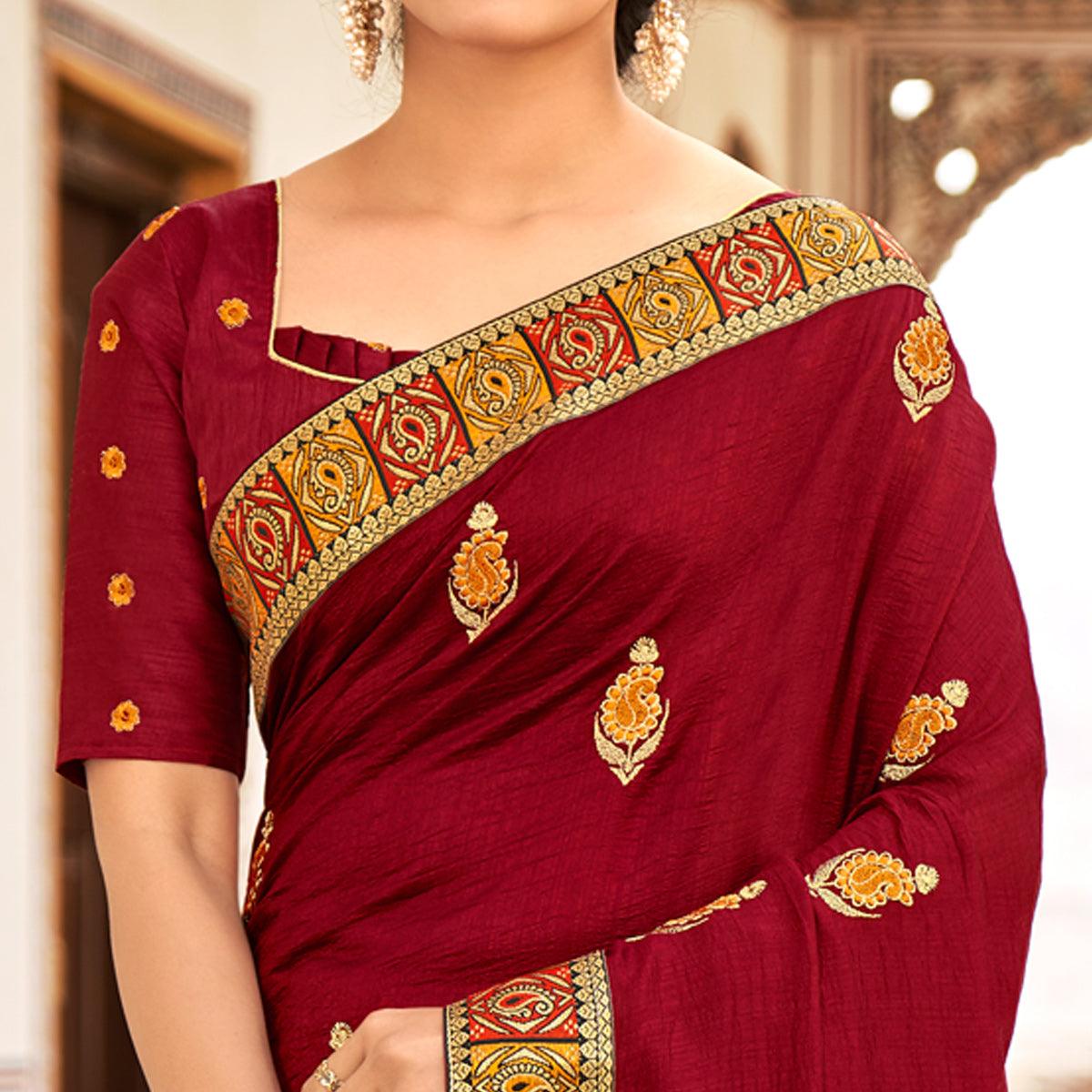 Maroon Embellished With Embroidered Vichitra Silk Saree - Peachmode