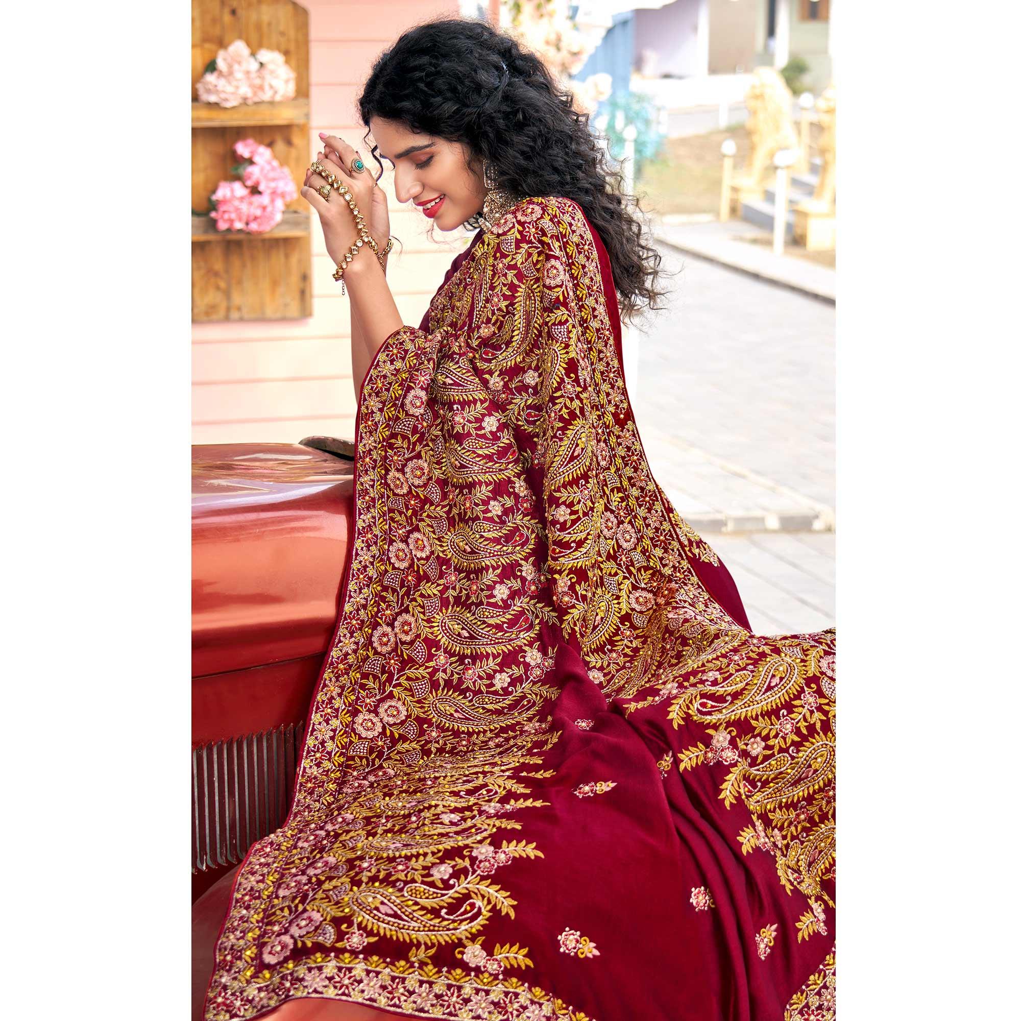 Maroon Embellished With Embroidered Vichitra Silk Saree - Peachmode