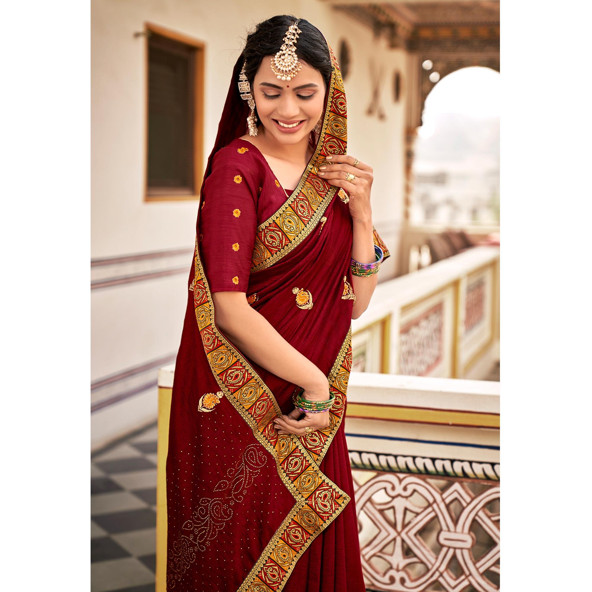 Maroon Embellished With Embroidered Vichitra Silk Saree - Peachmode