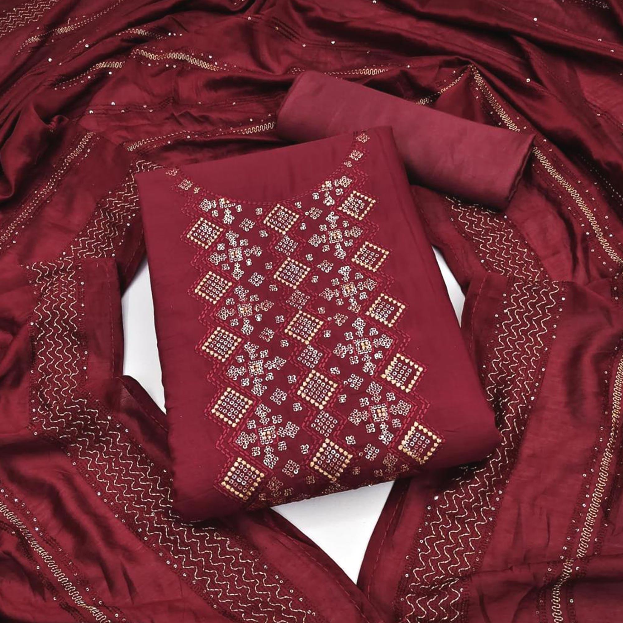 Maroon Embroidered Art Silk Dress Material - Peachmode